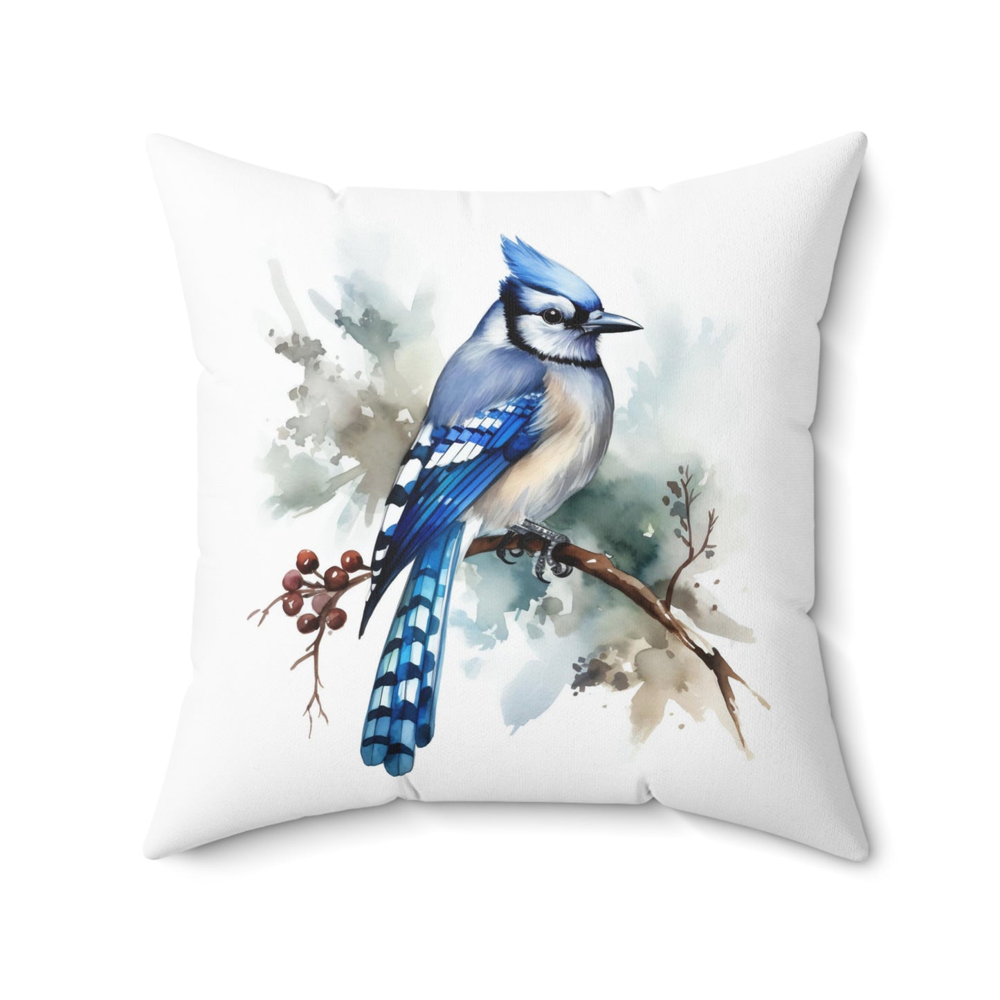Blue Jay Throw Pillow, Watercolor Blue Jay Decorative Pillow, Square Bird Cushion, Double Sided Accent Pillow, Concealed Zipper