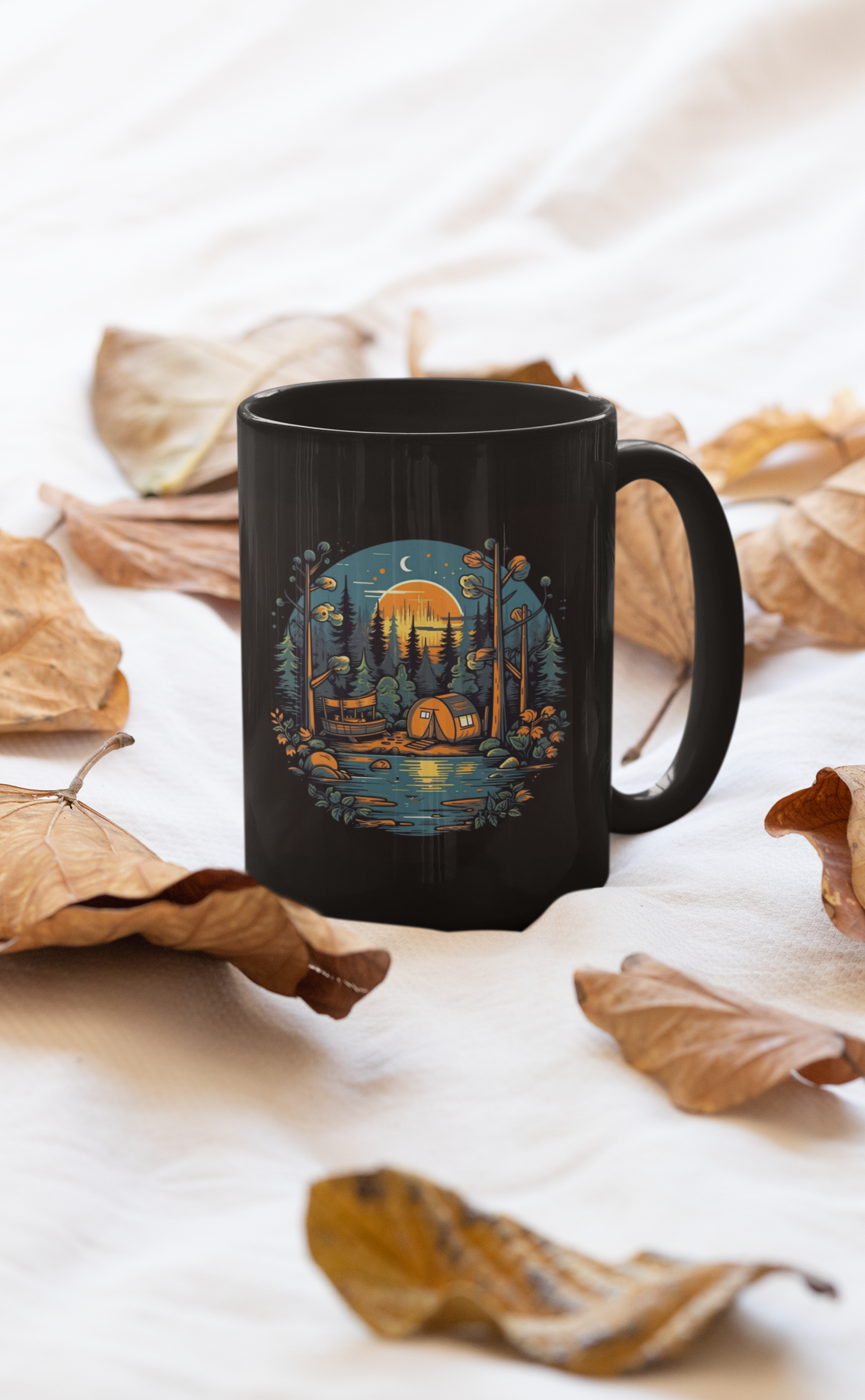 Camping Mug, Campfire Coffee Cup, Tent in Woods by Pond with Orange Moon Glow, Outdoors Gift, Ceramic Mug 15oz, Beauty of Nature Tea Cup