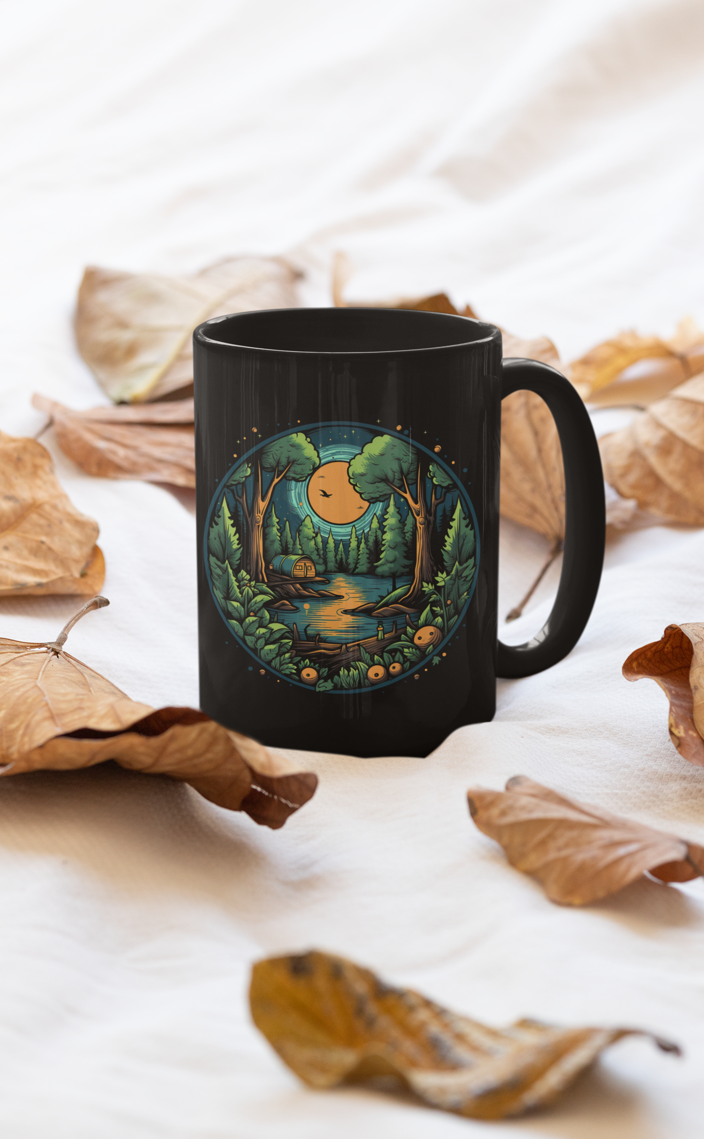 Camping Mug, Campfire Coffee Cup, Tent in Woods by Stream with Orange Moon Glow, Outdoors Gift, Ceramic Mug 15oz, Beauty of Nature Tea Cup