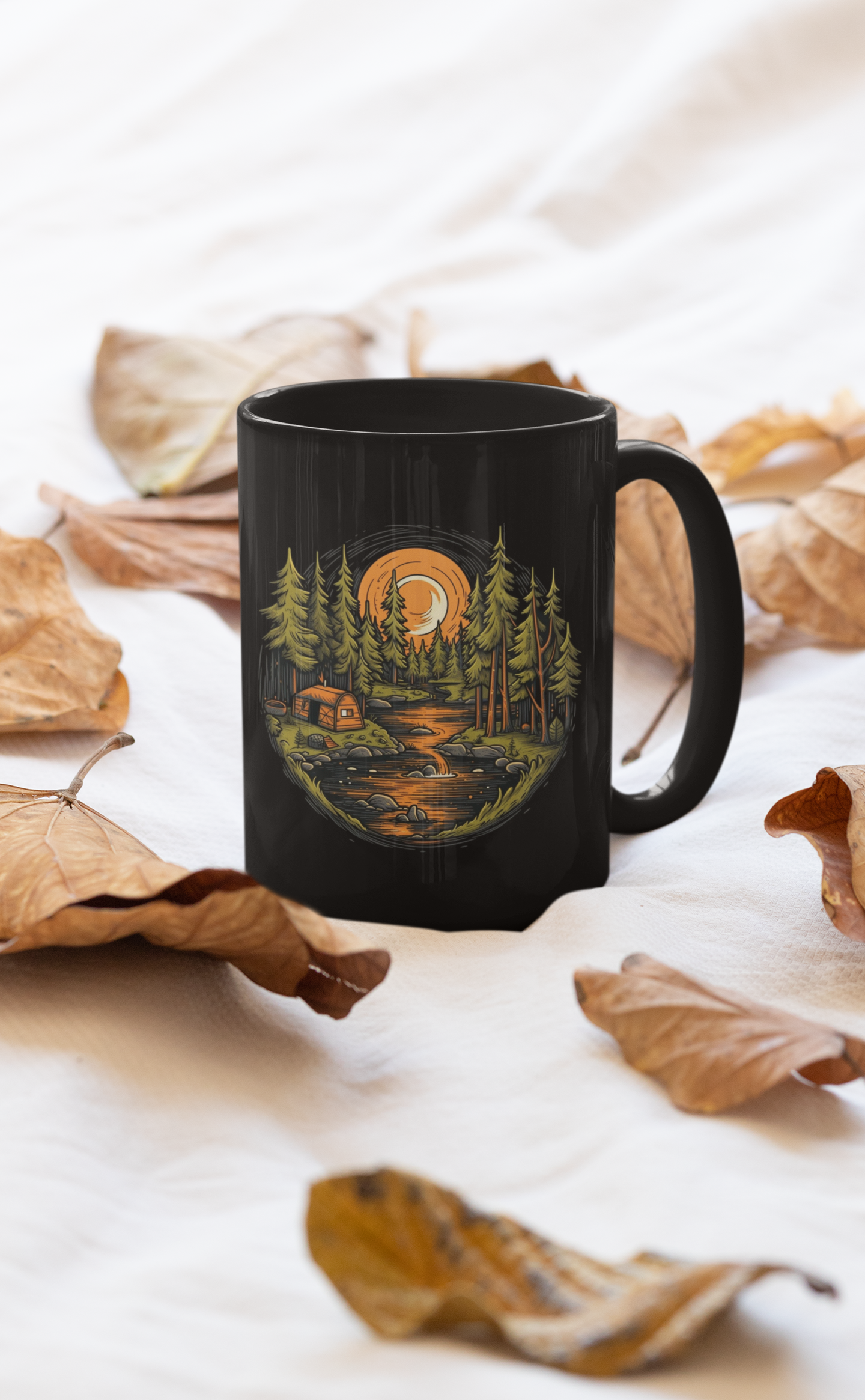 Camping Mug, Campfire Coffee Cup, Tent in Woods by Babbling Brook with Orange Moon Glow, Camp Gift, Ceramic Mug 15oz, Camp Mug, Camp Tea Cup