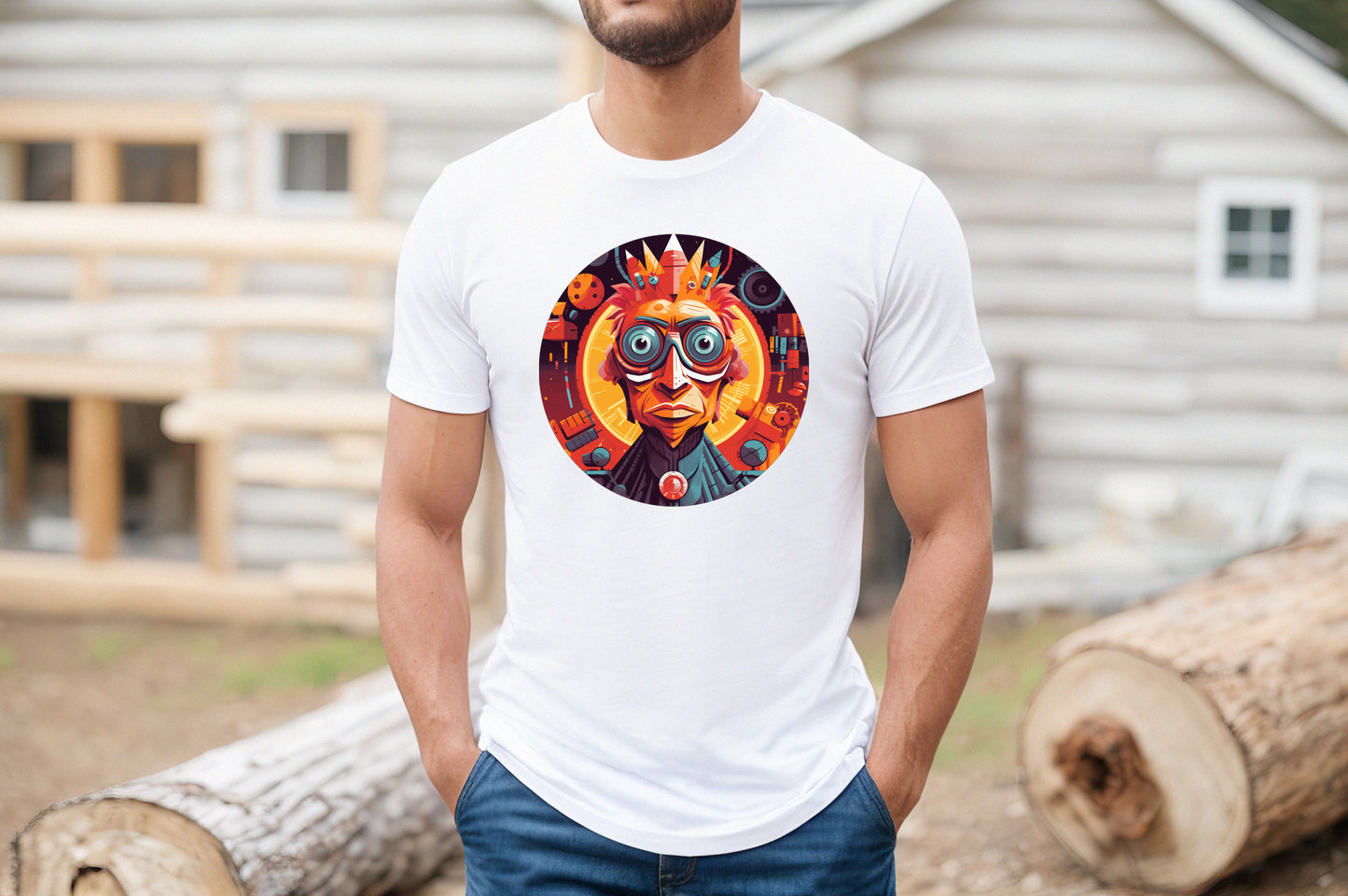 Chicken Robot Man T-Shirt, Part Man, Machine and Chicken Graphic Tee, Vibrant Weird Tee