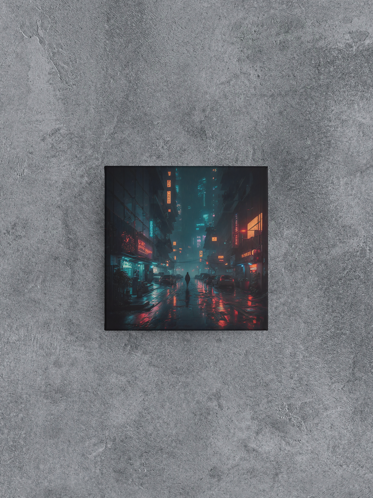 Cyberpunk City Street at Night Canvas Wall Art, Lone Person on Cyberpunk City Street, Cyberpunk Commercial District with Neon Vendor Signs