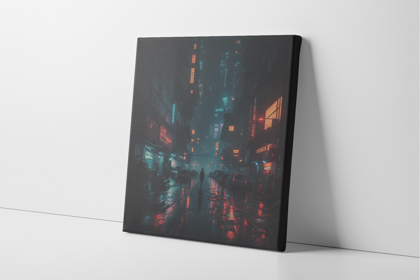 Cyberpunk City Street at Night Canvas Wall Art, Lone Person on Cyberpunk City Street, Cyberpunk Commercial District with Neon Vendor Signs