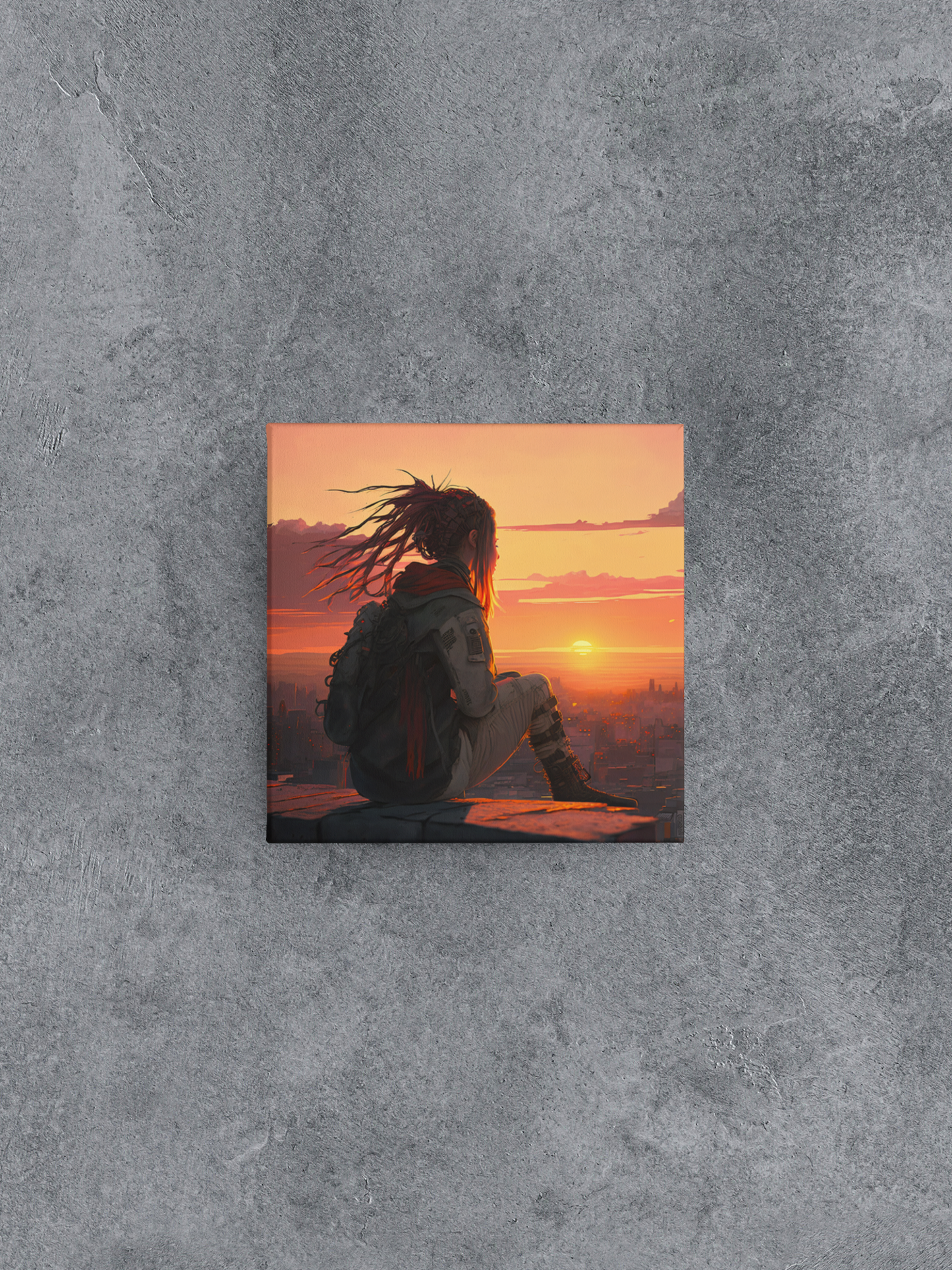 Cyberpunk Girl on Rooftop with Orange Sunset Canvas Wall Art, Dystopian Canvas Wall Decor, Cyberpunk Canvas Print, Rooftop View of City