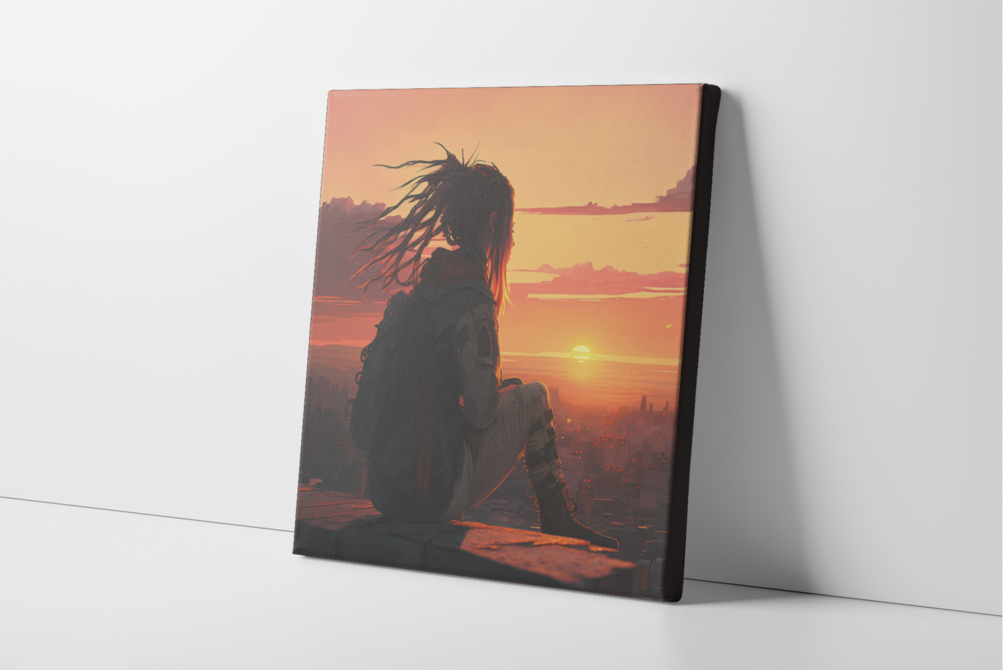 Cyberpunk Girl on Rooftop with Orange Sunset Canvas Wall Art, Dystopian Canvas Wall Decor, Cyberpunk Canvas Print, Rooftop View of City