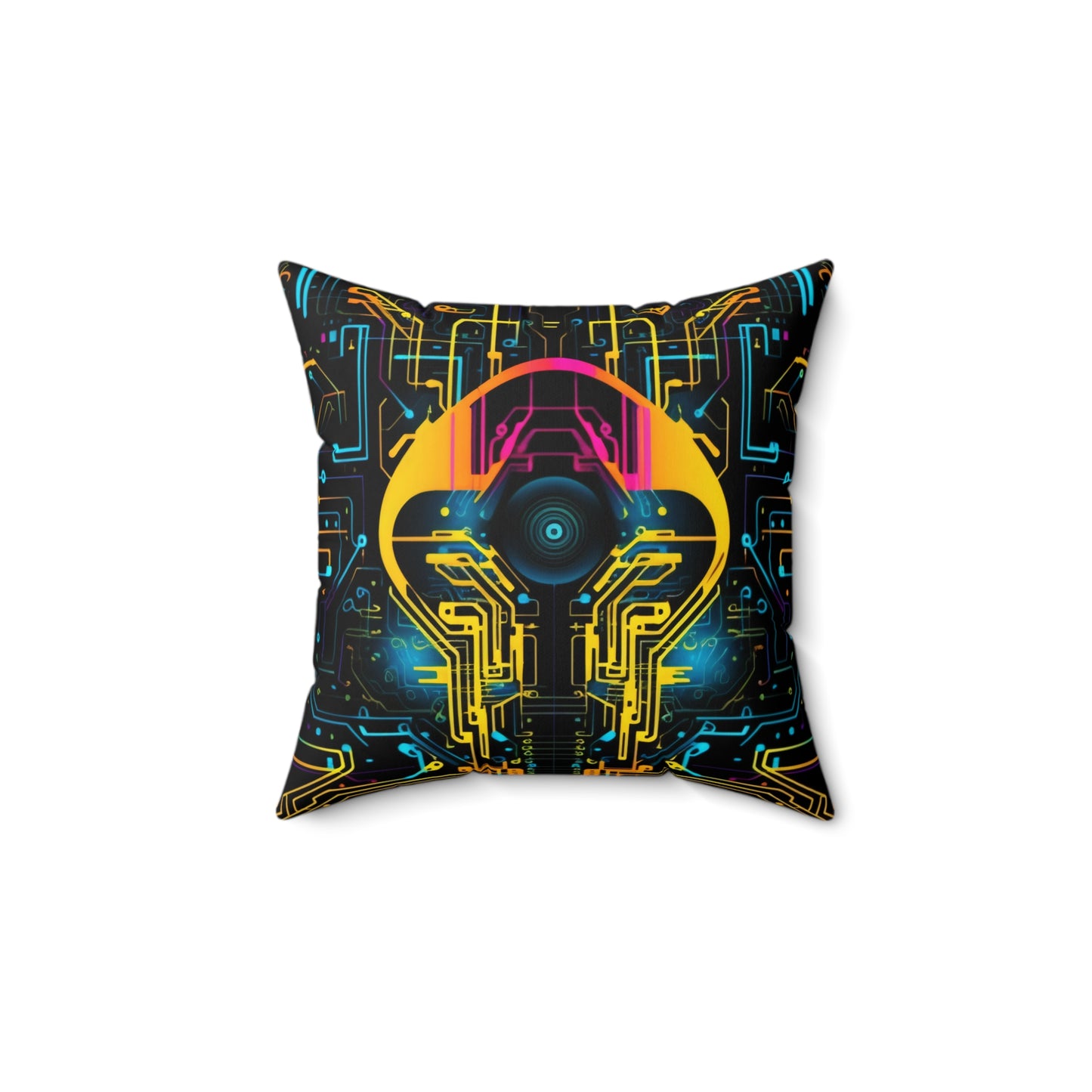 Cyberpunk Pillow, Yellow Robotic Circuit Board Throw Pillow, Tech Game Room Decor, Unique Square Cushion, Concealed Zipper