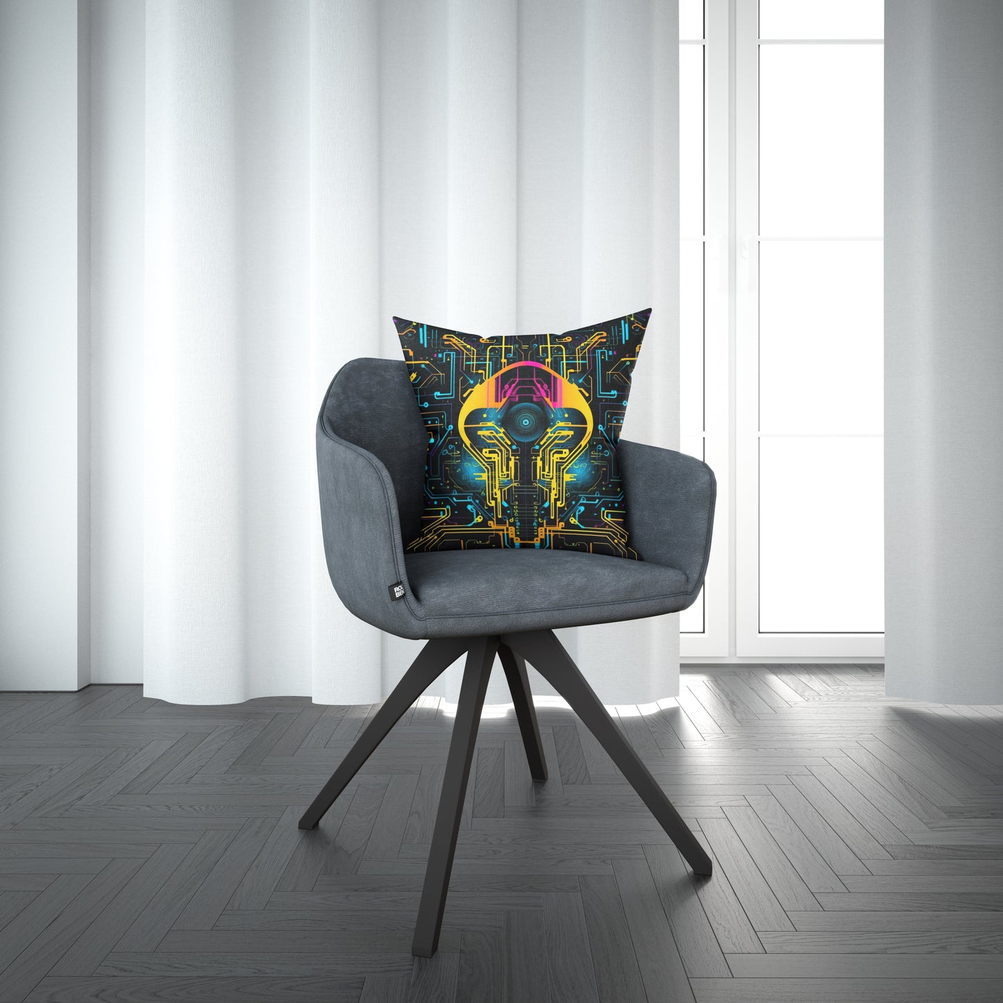 Cyberpunk Pillow, Yellow Robotic Circuit Board Throw Pillow, Tech Game Room Decor, Unique Square Cushion, Concealed Zipper