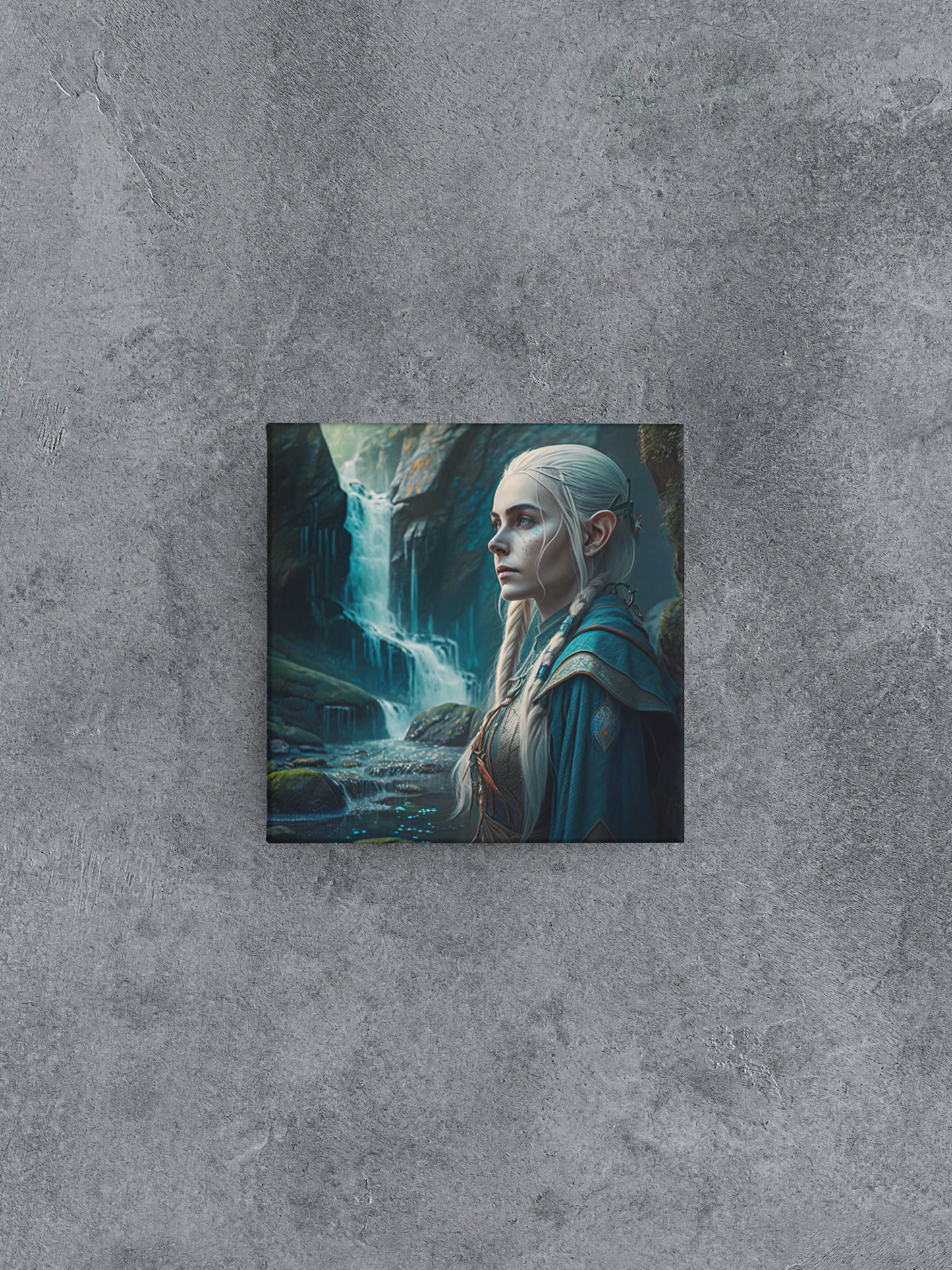 Tranquil Female Elf by a Waterfall Canvas Wall Art, D&D Elf Character Canvas Print, Dungeon Master Gift Art