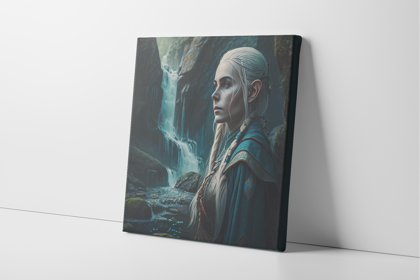 Tranquil Female Elf by a Waterfall Canvas Wall Art, D&D Elf Character Canvas Print, Dungeon Master Gift Art