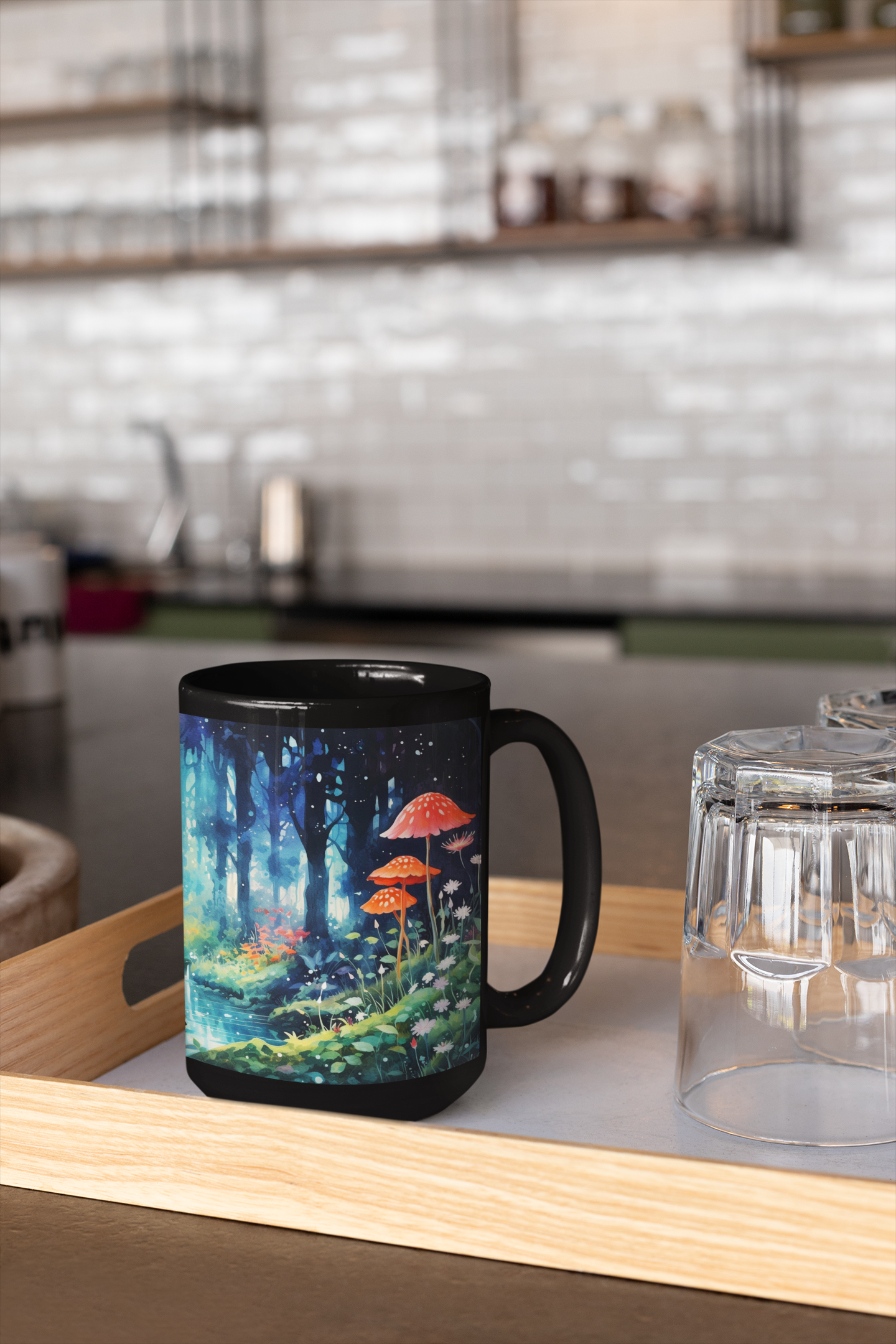 Fantasy Forest Mug, Whimsical Watercolor Ceramic Mug 15oz, Trees Stream Flowers and Mushrooms Coffee Cup, Vibrant Tea Cup