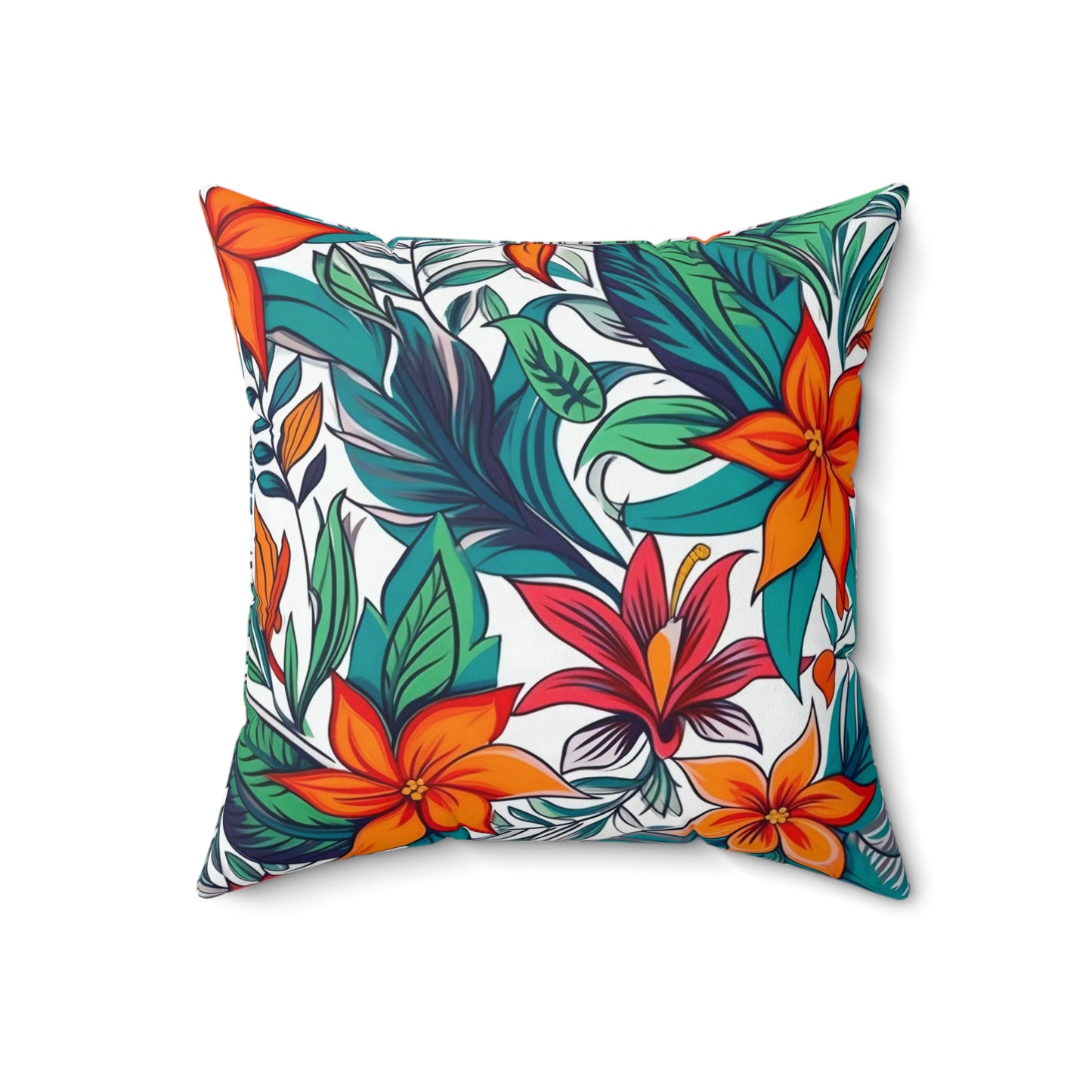 Vibrant Floral Throw Pillow, Tropical Orange and Red Blossoms with Green and Blues Leaves, Unique Square Cushion, Concealed Zipper