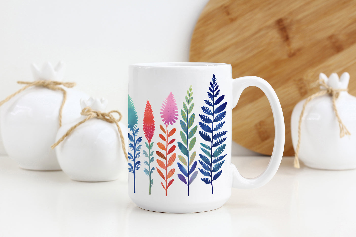 Folk Art Ferns Mug 15oz, Boho Plant Mug, Garden Lover Coffee Cup, Nature Mug, Cottagecore Mug, Botanical Mug, Ceramic Mug
