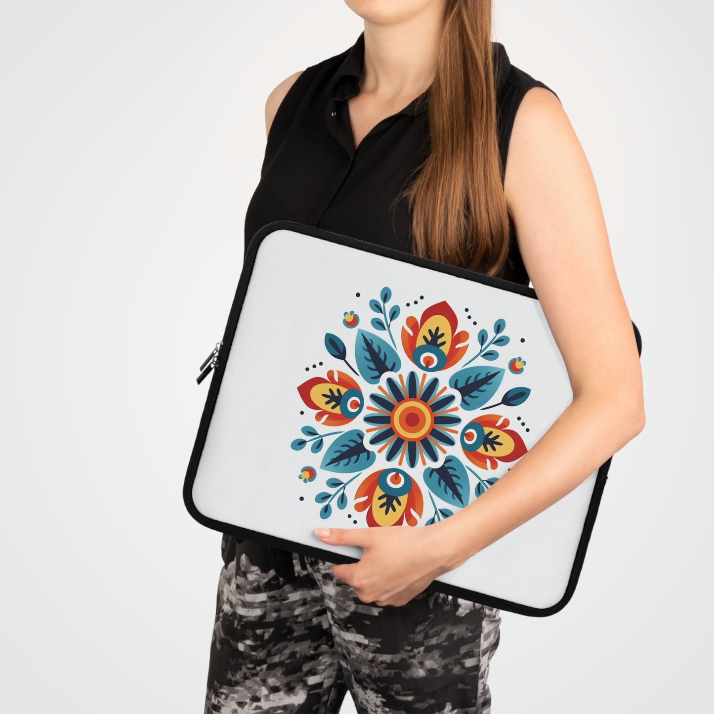 Folk Art Flower Laptop Sleeve, Boho Blooms Tablet Sleeve, Cottagecore iPad Cover, Scandinavian MacBook Sleeve, Swedish Zipper Pouch