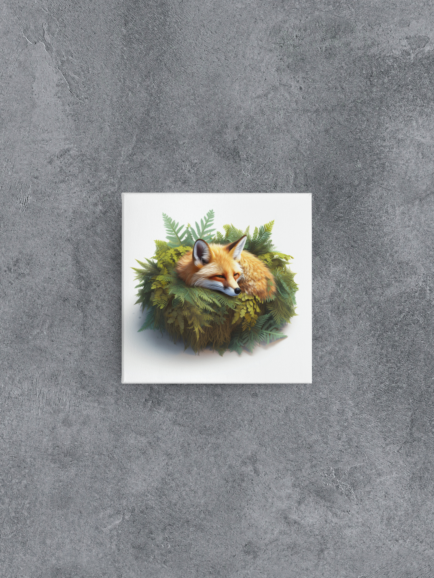 Fox Curled Up on a Fern Ball Canvas Wall Art, Orange Fox Resting in Ferns Canvas Art, Nature Canvas Art