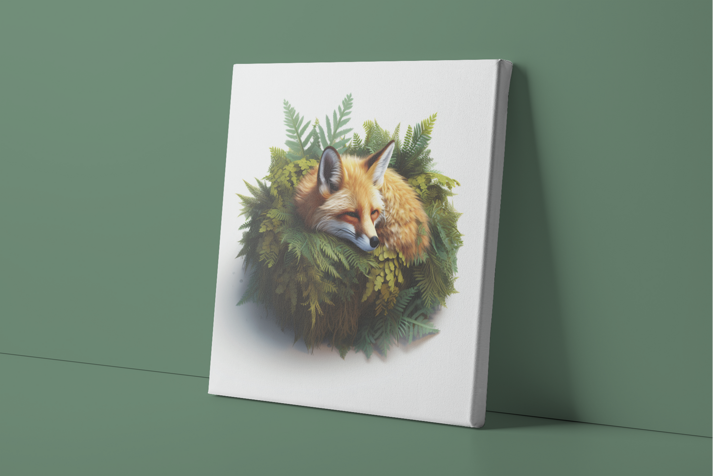 Fox Curled Up on a Fern Ball Canvas Wall Art, Orange Fox Resting in Ferns Canvas Art, Nature Canvas Art