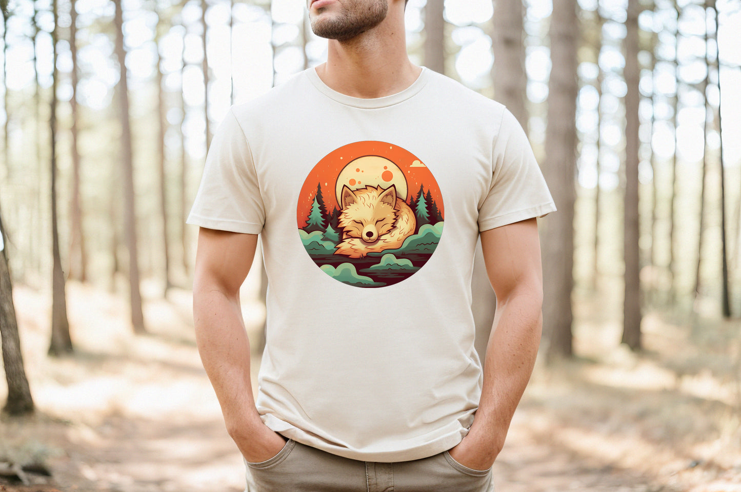 Sleeping Fox in the Forest Staple Tee, Kawaii Style Fox Dreaming in the Forest T-Shirt, Resting in Nature's Embrace, Cute Fox Tee