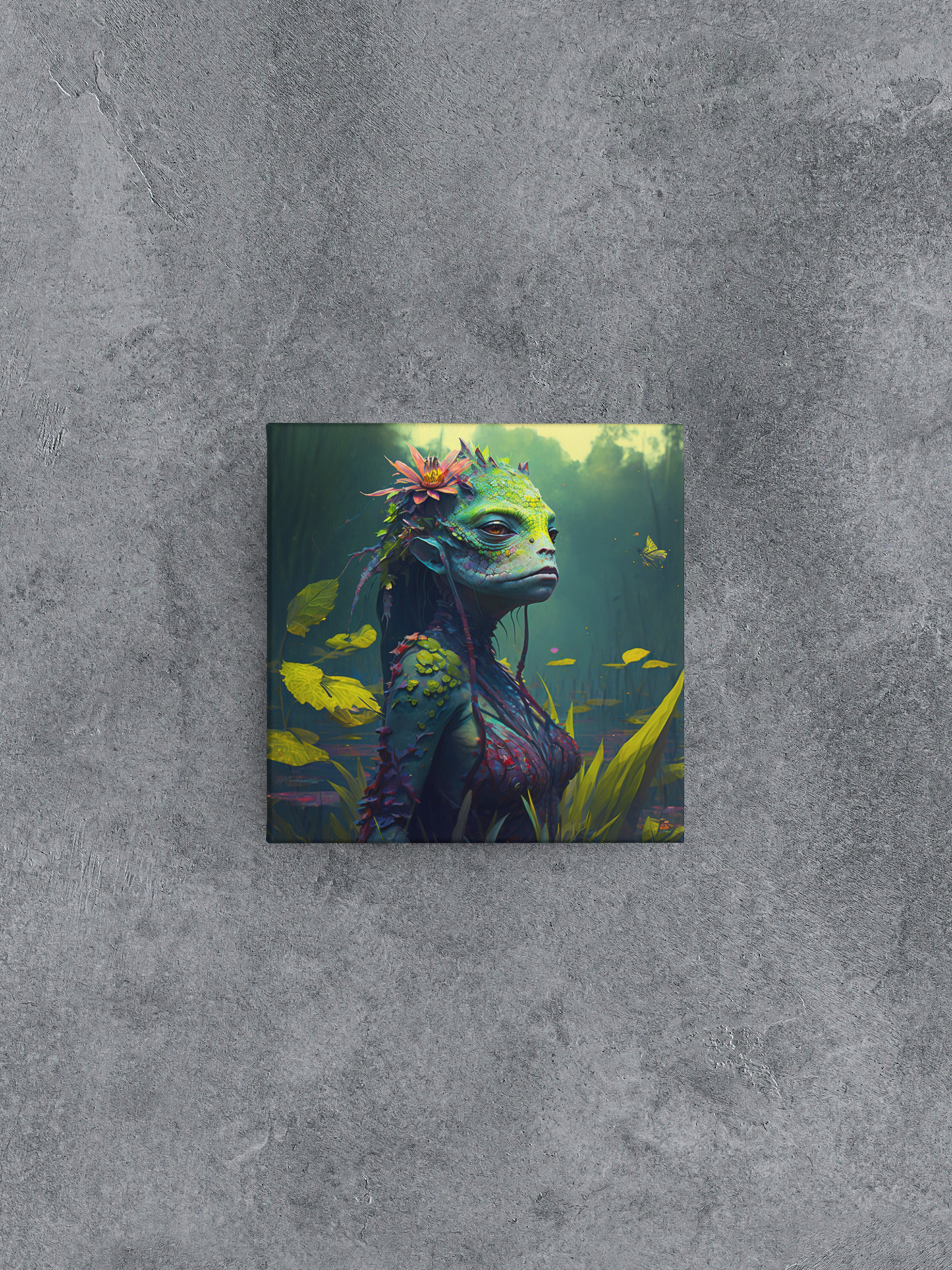 Lizard Woman Standing in a Swamp Canvas Wall Art, Fantasy DnD Lizardfolk Canvas Print