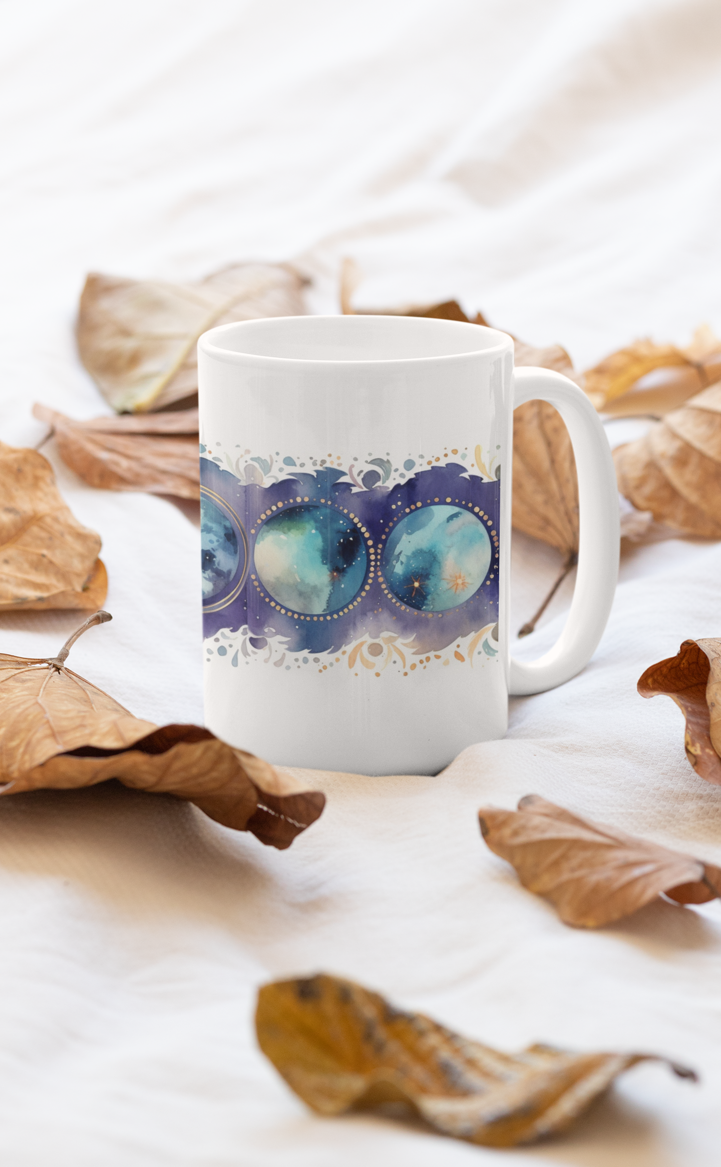 Watercolor Moons Mug, Celestial Moon Motifs Ceramic Mug 15oz, Moon Phases Coffee Cup, Moon Tea Mug