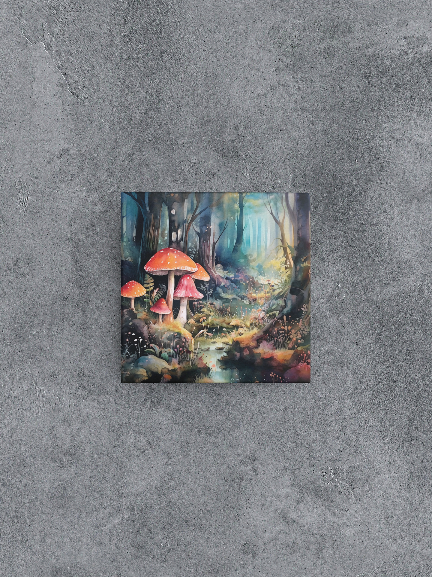 Fantasy Forest with Giant Mushrooms Canvas Wall Art, Woods with Stream, D&D Watercolor Woodland, DnD Canvas Art