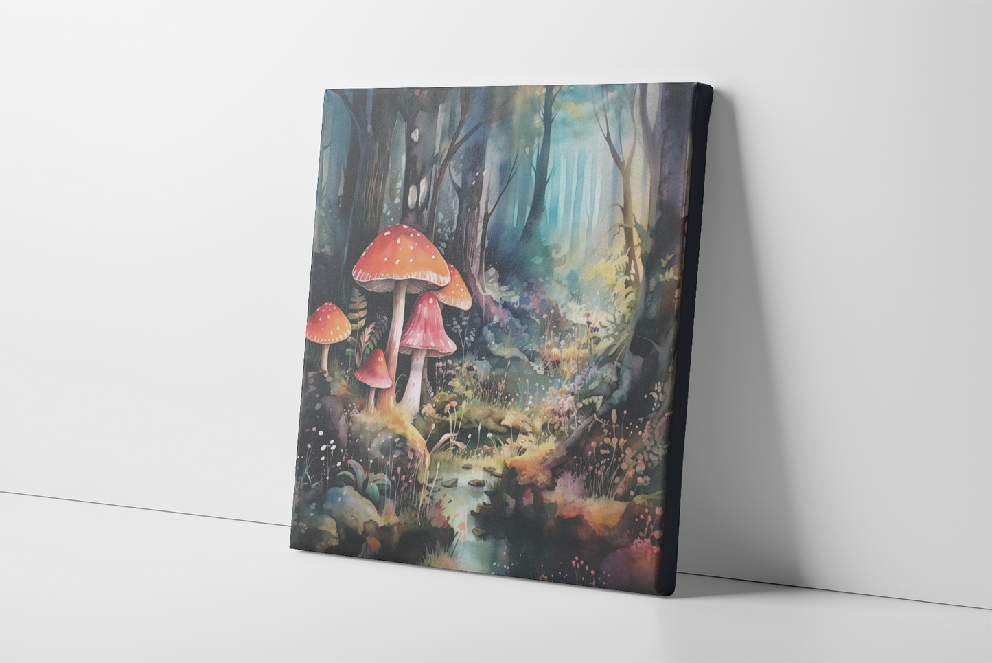 Fantasy Forest with Giant Mushrooms Canvas Wall Art, Woods with Stream, D&D Watercolor Woodland, DnD Canvas Art