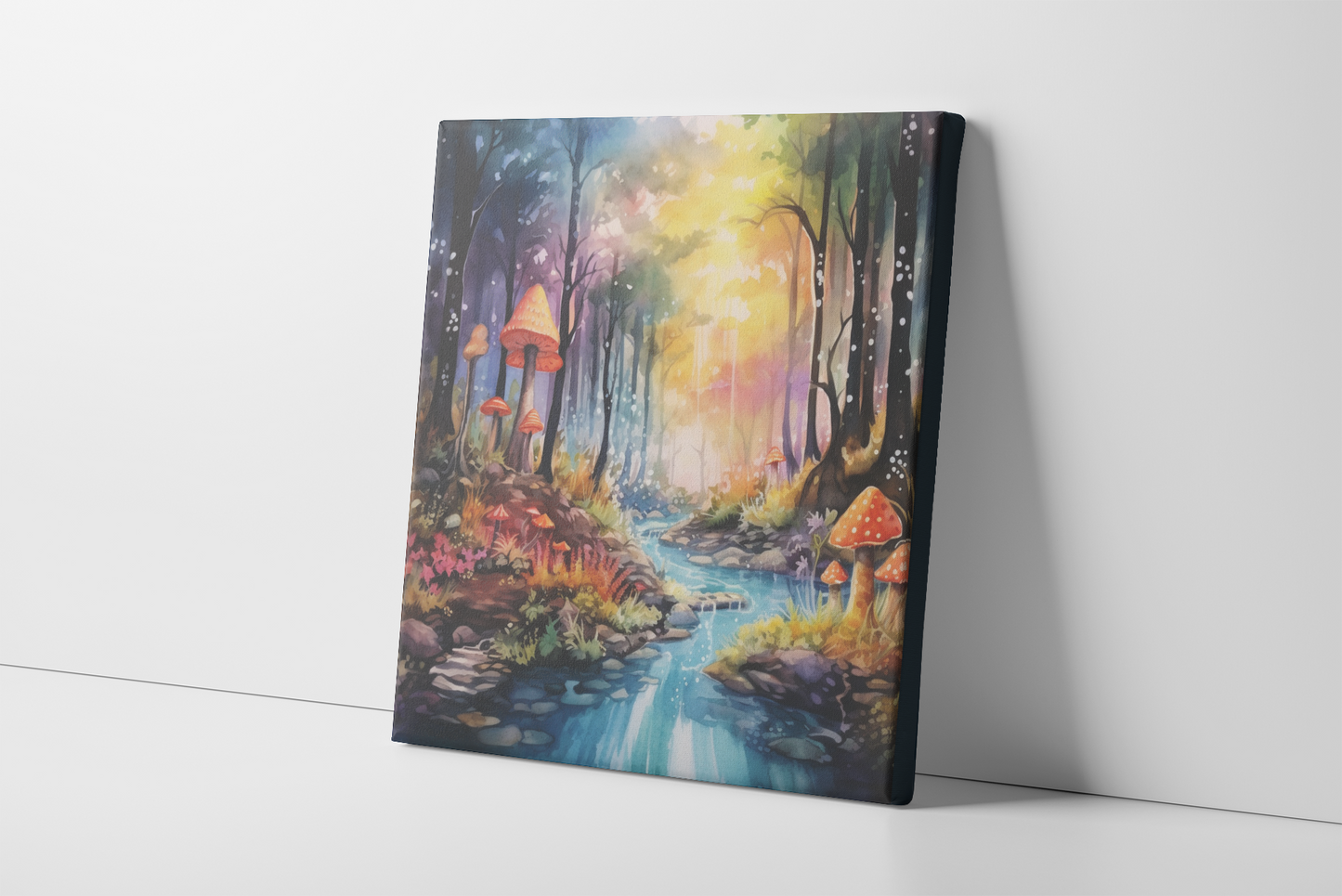 Fantasy Mushroom Forest Canvas Wall Art, Vibrant Woods with Stream and Mushrooms, D&D Watercolor Woodland Twilight, DnD Canvas Art