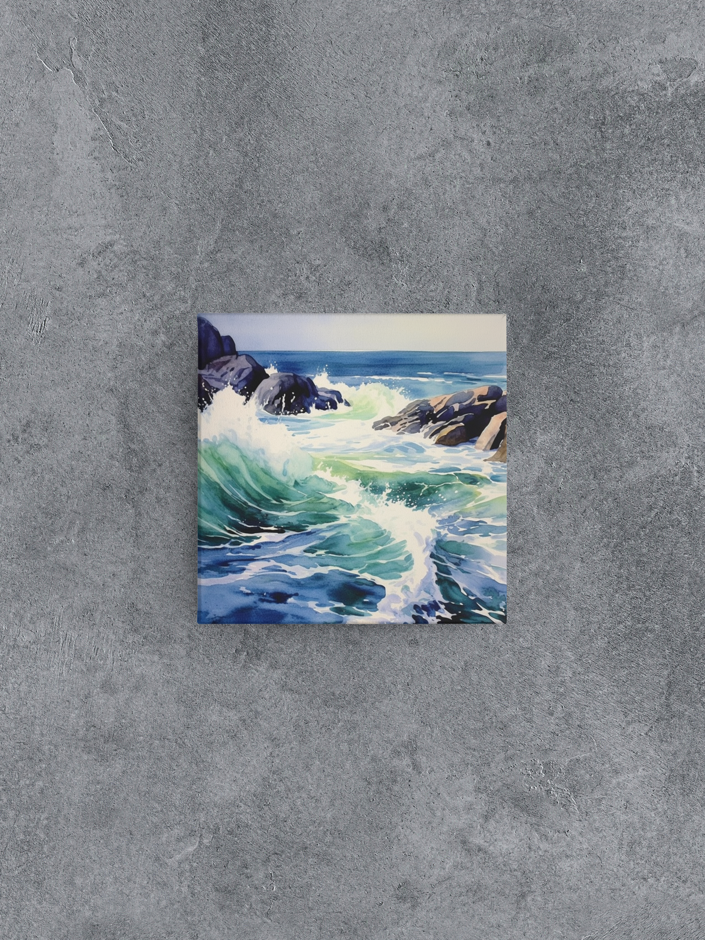 Ocean Waves Canvas Wall Art, Coastal Waves Splashing on Rocks Painting, Nautical Canvas Print, Nature Canvas Art, Rocky Shore Water Art