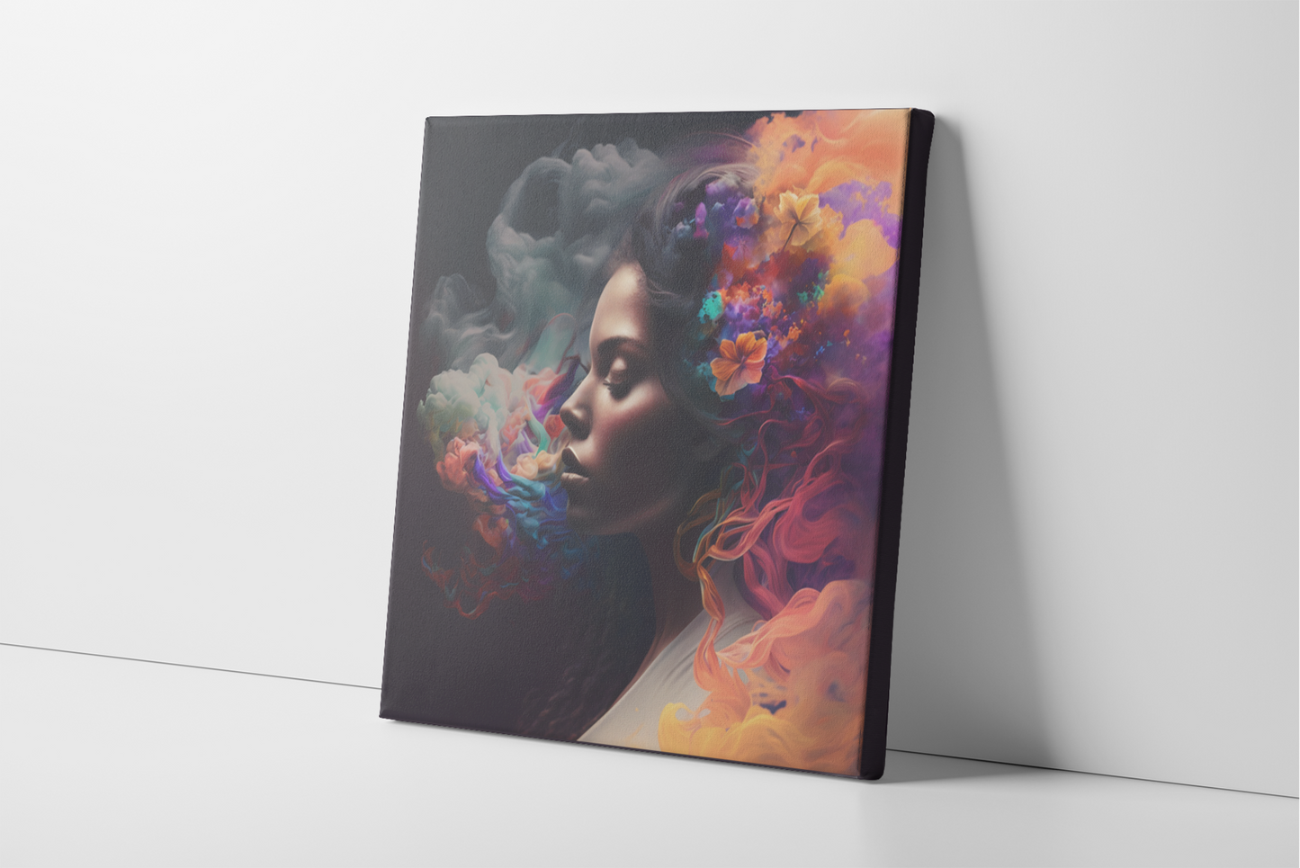 Beauty of the Feminine Form Canvas Wall Art, Woman with Flowers in Her Hair with Vibrant, Billowing Hair Canvas Print