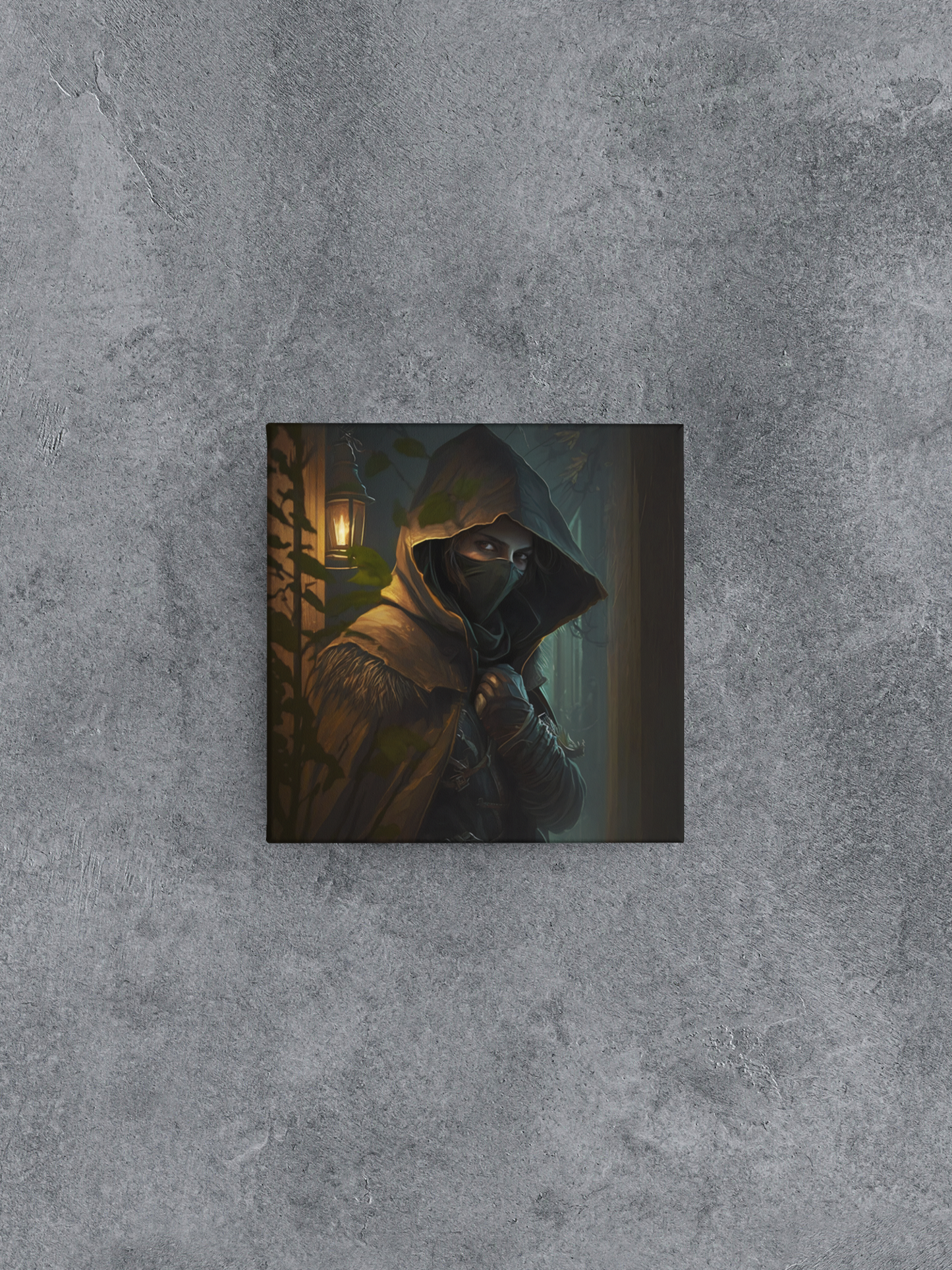 Hooded Female Rogue Canvas Wall Art, D&D Character Canvas Print, Sneaking Rogue with Mask Canvas Art, Dungeon Master Gift, Game Master Gift