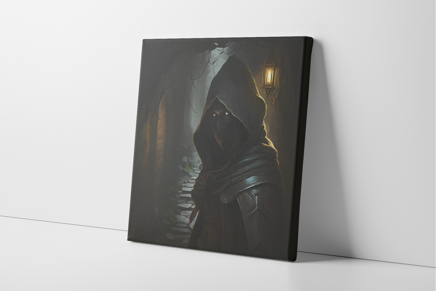 Hooded Male Rogue Canvas Wall Art, D&D Character Canvas Print, Rogue with Glowing Eyes and Leather Armor Canvas Art, Dungeon Master Gift