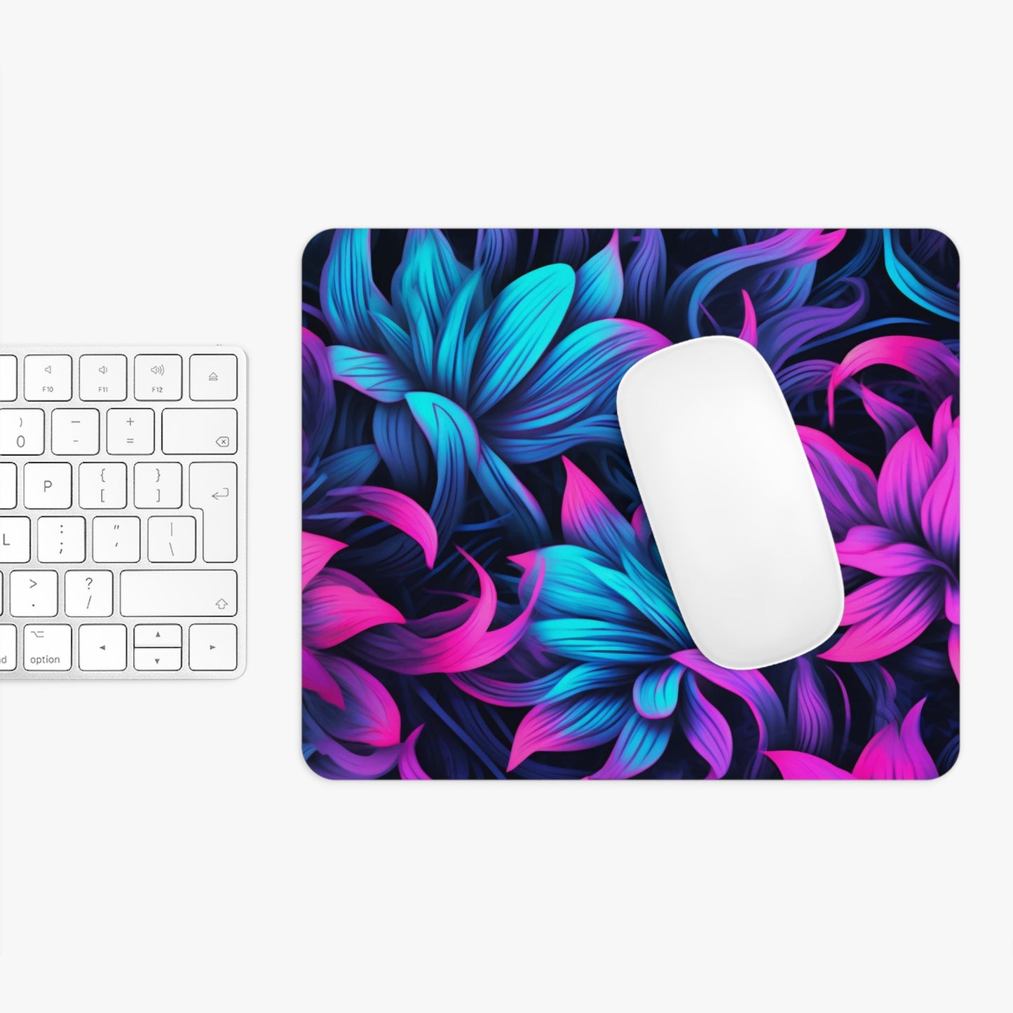 Neon Synthwave Flowers Desk Mat, Vaporwave XL Gaming Mouse Pad, Pink and Blue Desk Pad, Retro Futuristic Aesthetic Desk Decor, XL Gamer Mat