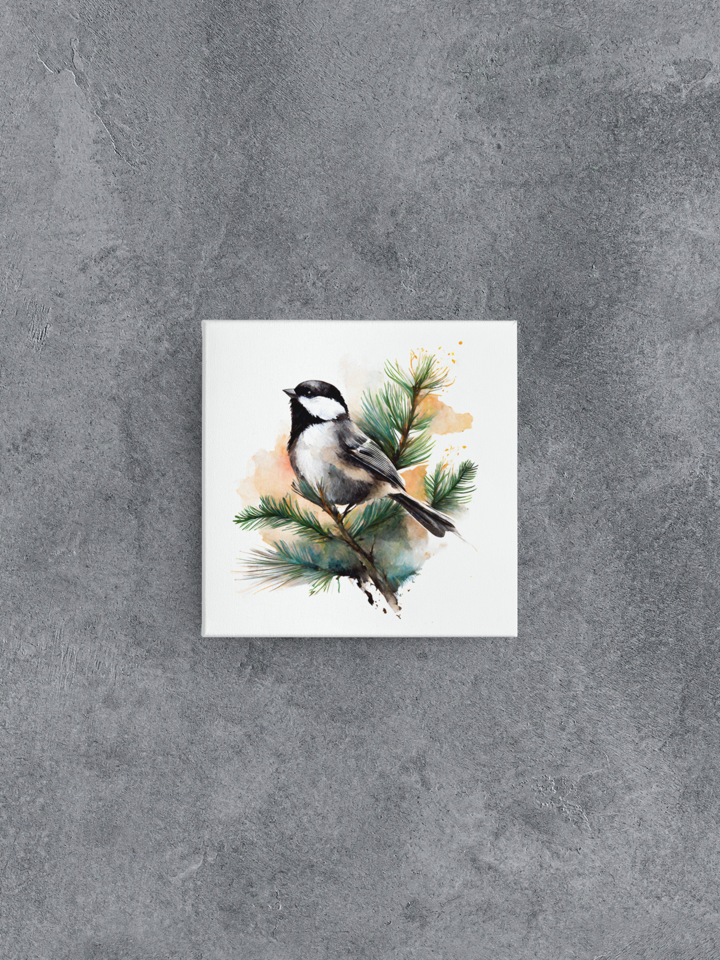 Watercolor Painting of a Chickadee Sitting on Pine Tree Branches Canvas Wall Art, Nature Stretched Canvas Art, Maine Canvas Art Print