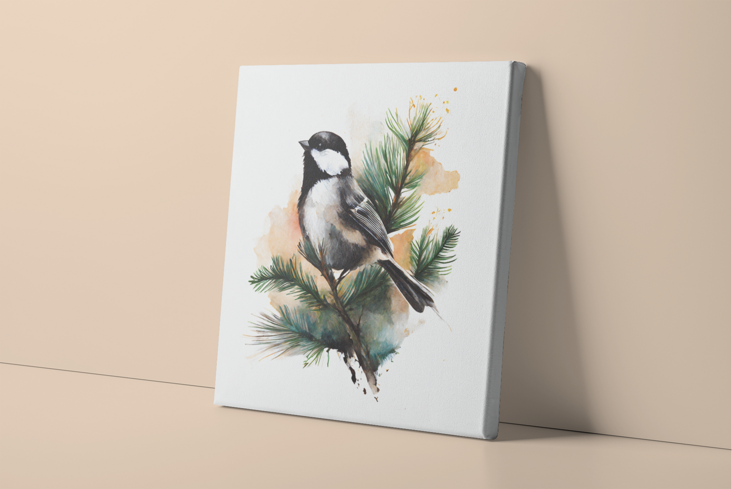 Watercolor Painting of a Chickadee Sitting on Pine Tree Branches Canvas Wall Art, Nature Stretched Canvas Art, Maine Canvas Art Print