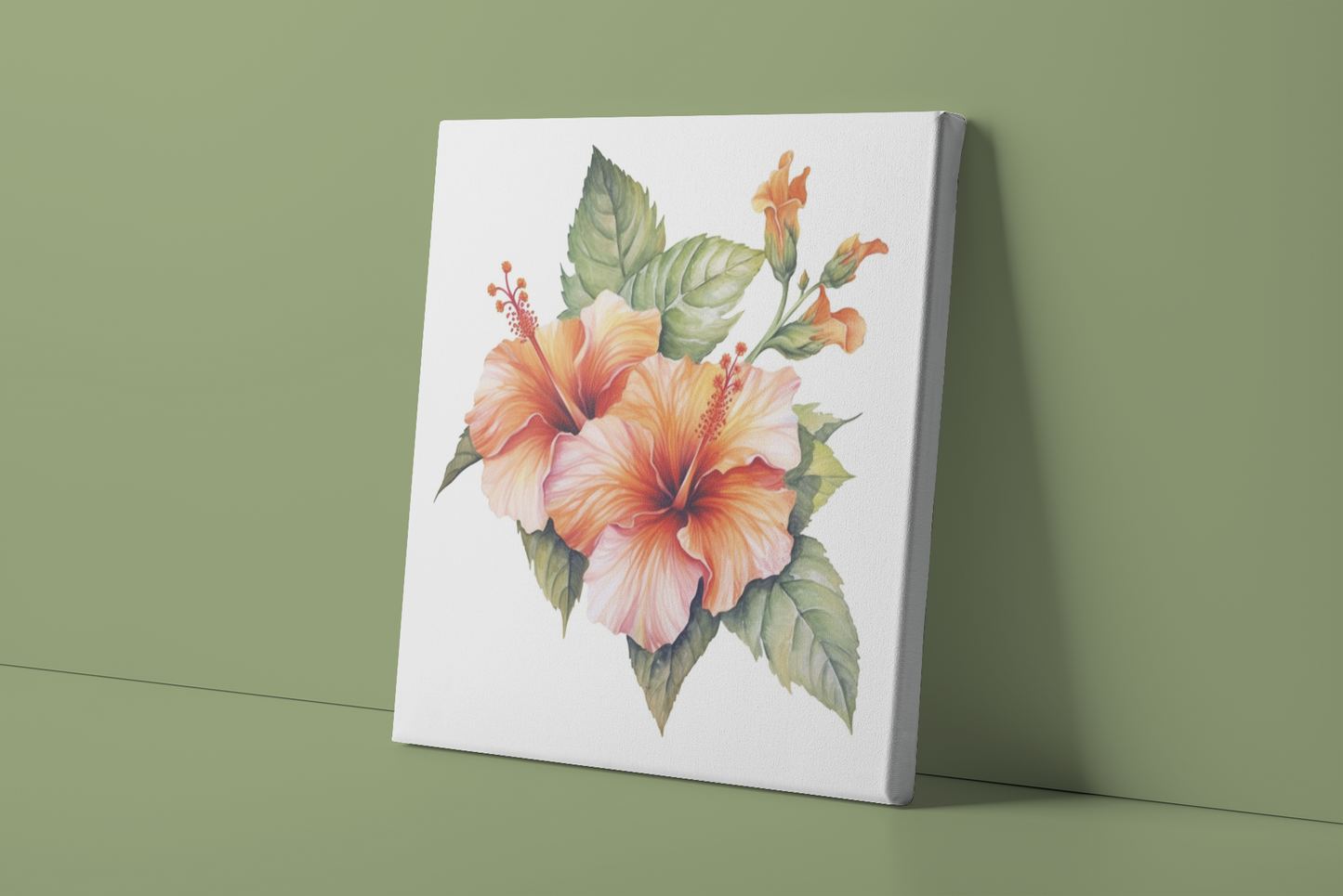 Hibiscus Canvas Wall Art, Watercolor Hibiscus Painting, Flower Canvas Print, Nature Stretched Canvas Art, Orange Floral Canvas Art