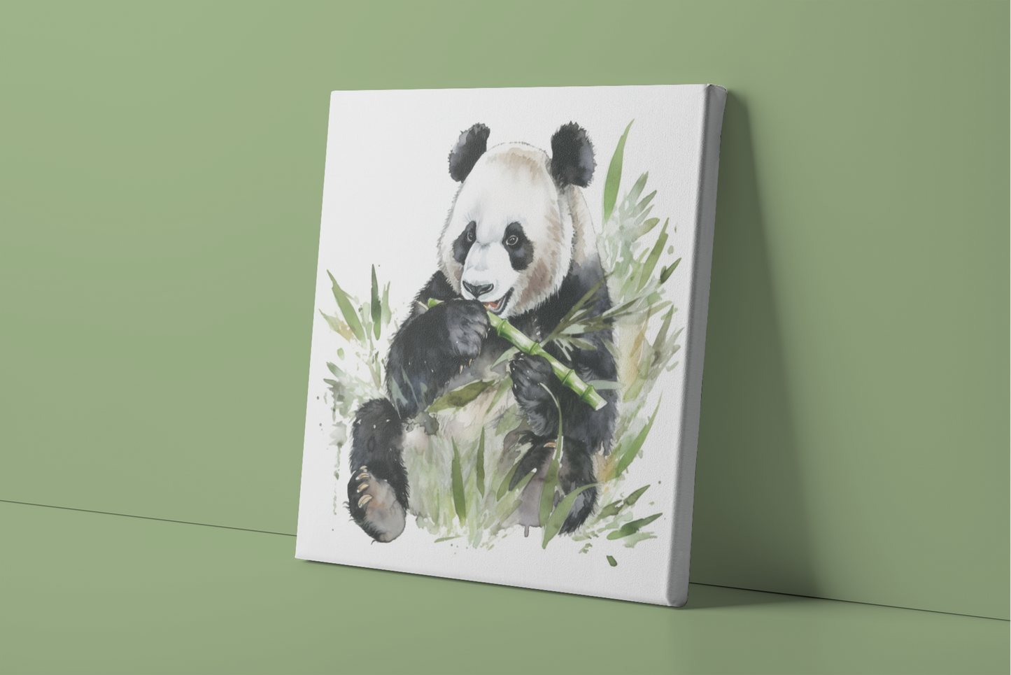 Watercolor Panda Canvas Wall Art, Panda Painting, Panda Eating Bamboo, Panda Bear Art, Animal Canvas Print, Nature Stretch Canvas Art