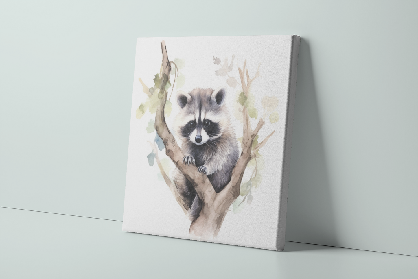 Raccoon Canvas Wall Art, Watercolor Raccoon Painting, Raccoon in Tree, Nature Canvas Art, Raccoon Lover Gift, Baby Raccoon Canvas Print