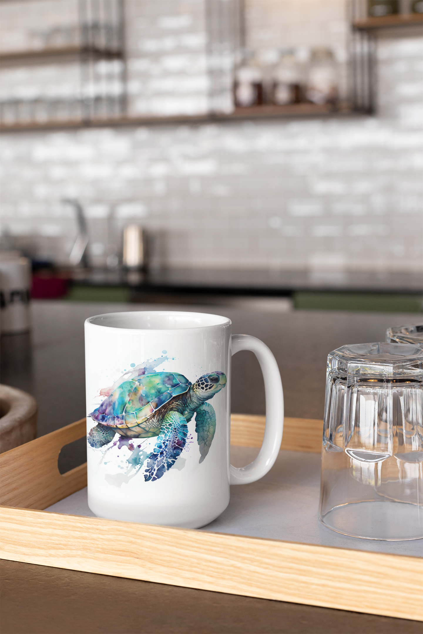 Sea Turtle Ceramic Mug 15oz, Watercolor Sea Turtle Coffee Cup, Nautical Tea Mug, Ocean Lover Mug