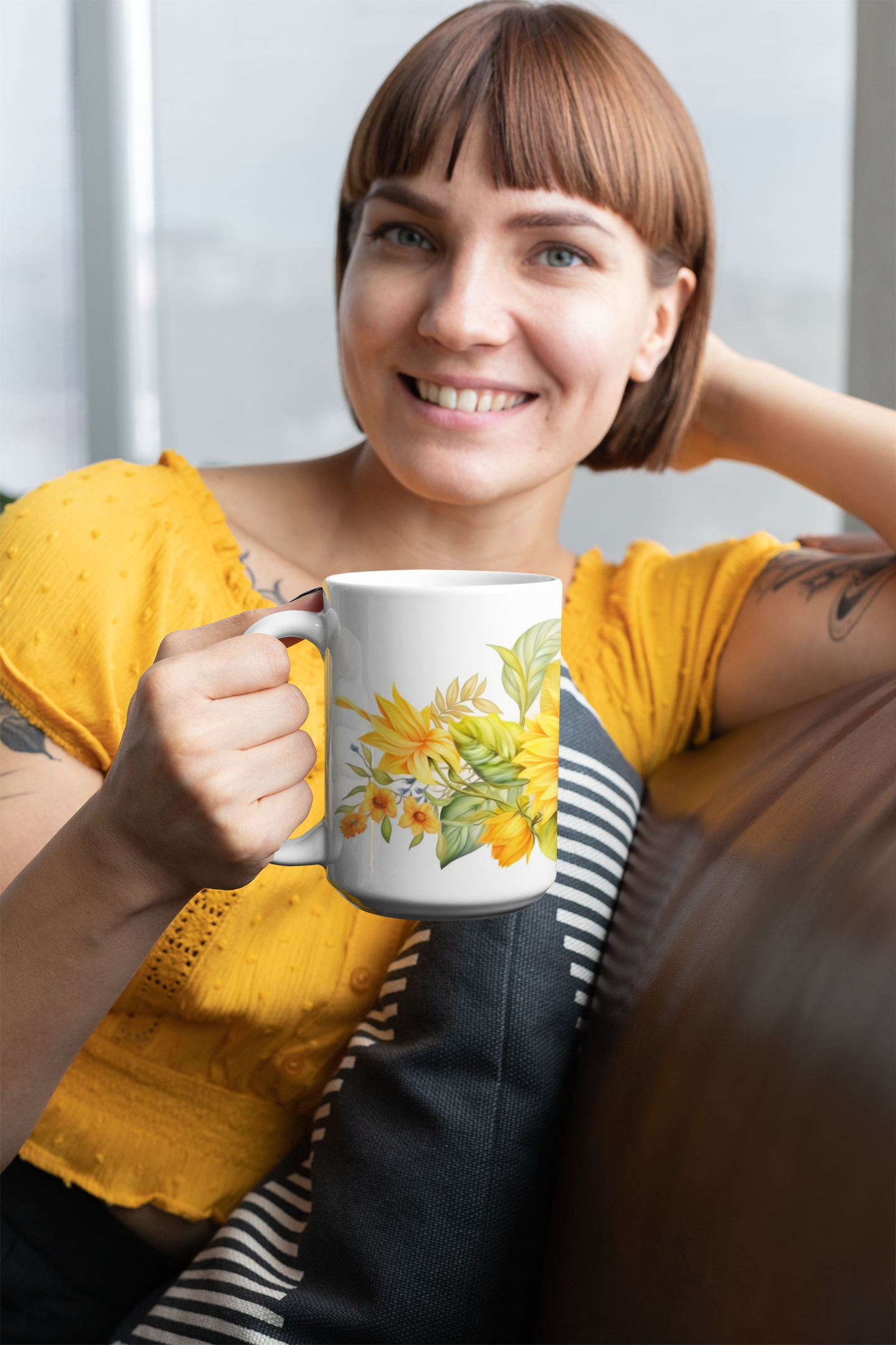 Sunflower Ceramic Mug 15oz, Watercolor Flower Coffee Mug, Mother's Day Gift, Garden Lover Tea Mug