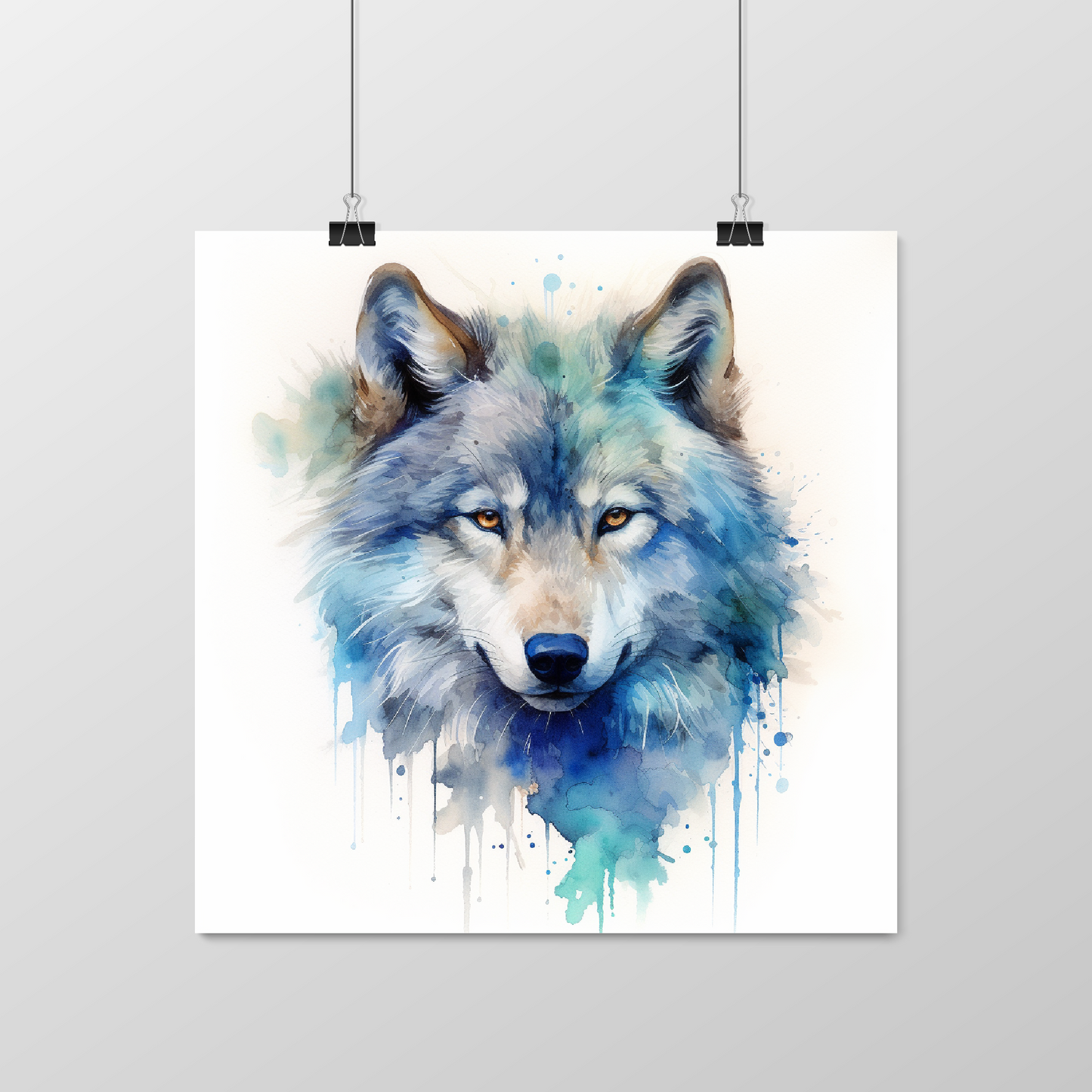 Watercolor Wolf Poster, Majestic Wolf Matte Poster, Blue Wolf Painting, Animal Lover Poster, Nature Poster, Square Wolf Poster