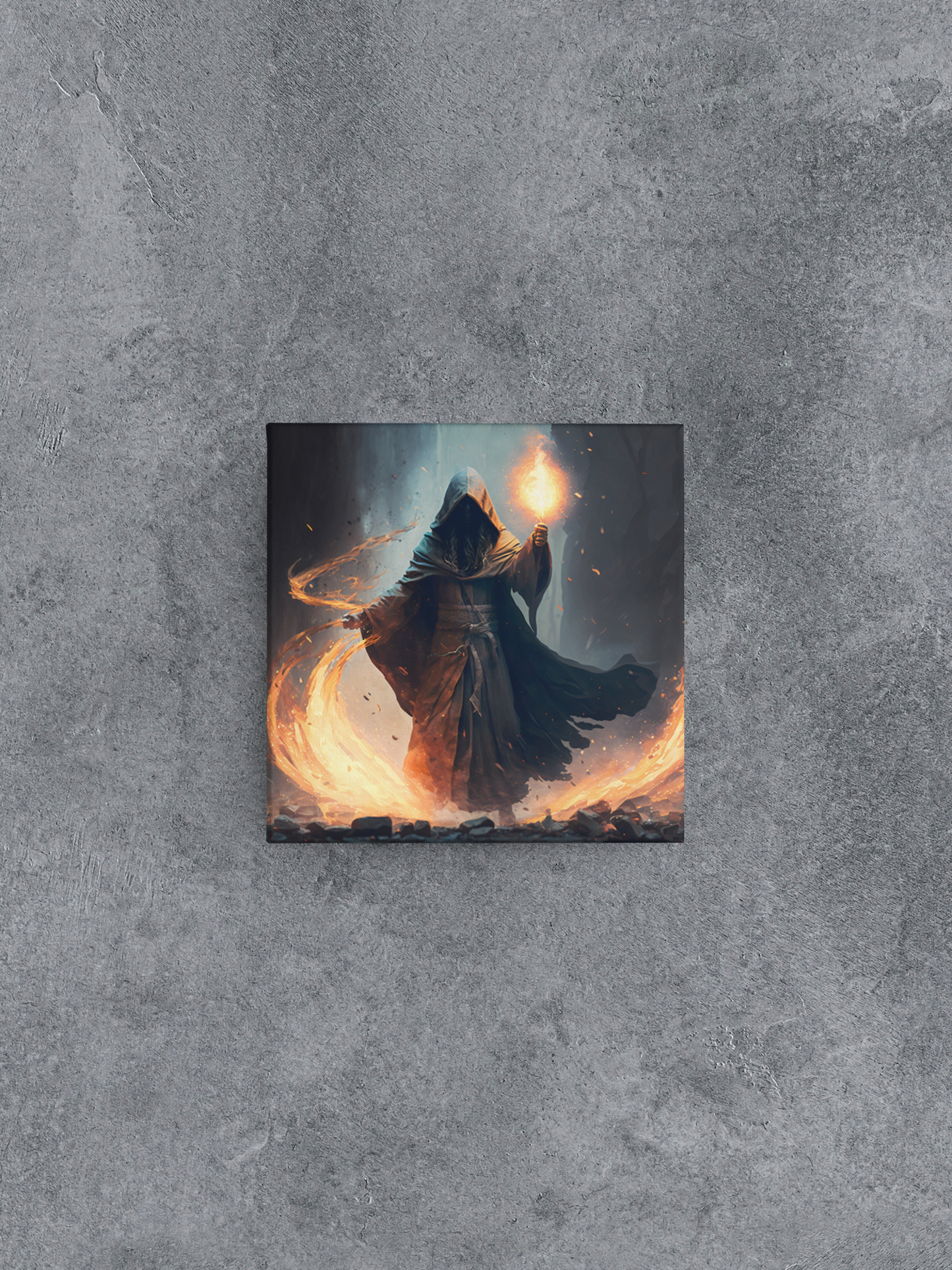 Robed Wizard Casting a Fire Spell Canvas Wall Art, Fantasy DnD Wizard Canvas Print, Dungeon Master Gift, Game Master Gift