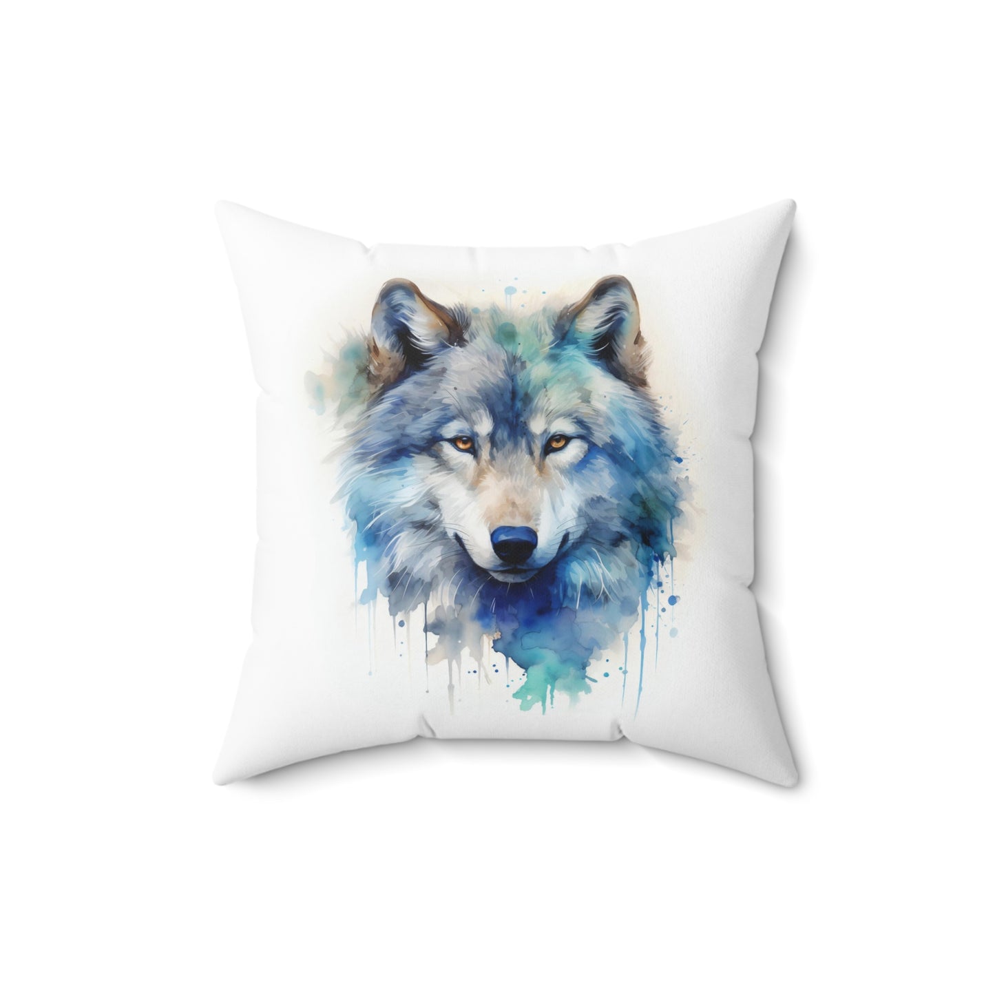 Wolf Throw Pillow, Watercolor Wolf Decorative Pillow, Square Animal Cushion, Double Sided Blue Accent Pillow, Concealed Zipper