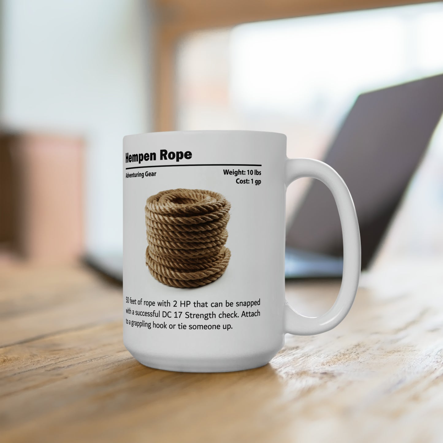 DnD Hempen Rope Ceramic Mug 15oz, DnD Mug, D&D Adventuring Gear Coffee Mug, Explorer's Pack Equipment Tea Mug, Dungeon Master Gift