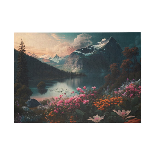 Beauty of Nature Puzzle 1000 Piece Puzzle, Calm Nature Landscape Jigsaw Puzzle , Serene Mountain Lake with Flowers 252, 500 Piece Puzzle