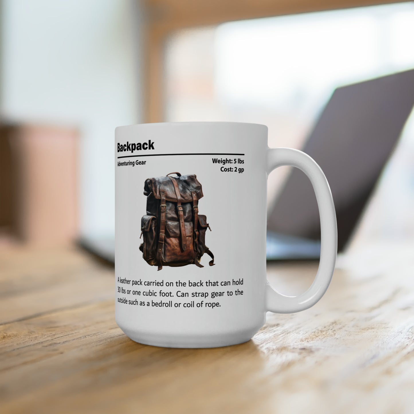 DnD Backpack Ceramic Mug 15oz, DnD Mug, D&D Adventuring Gear Coffee Mug, Explorer's Pack Equipment Tea Mug, Dungeon Master Gift