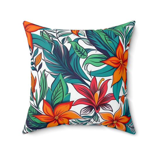 Vibrant Floral Throw Pillow, Tropical Orange and Red Blossoms with Green and Blues Leaves, Unique Square Cushion, Concealed Zipper