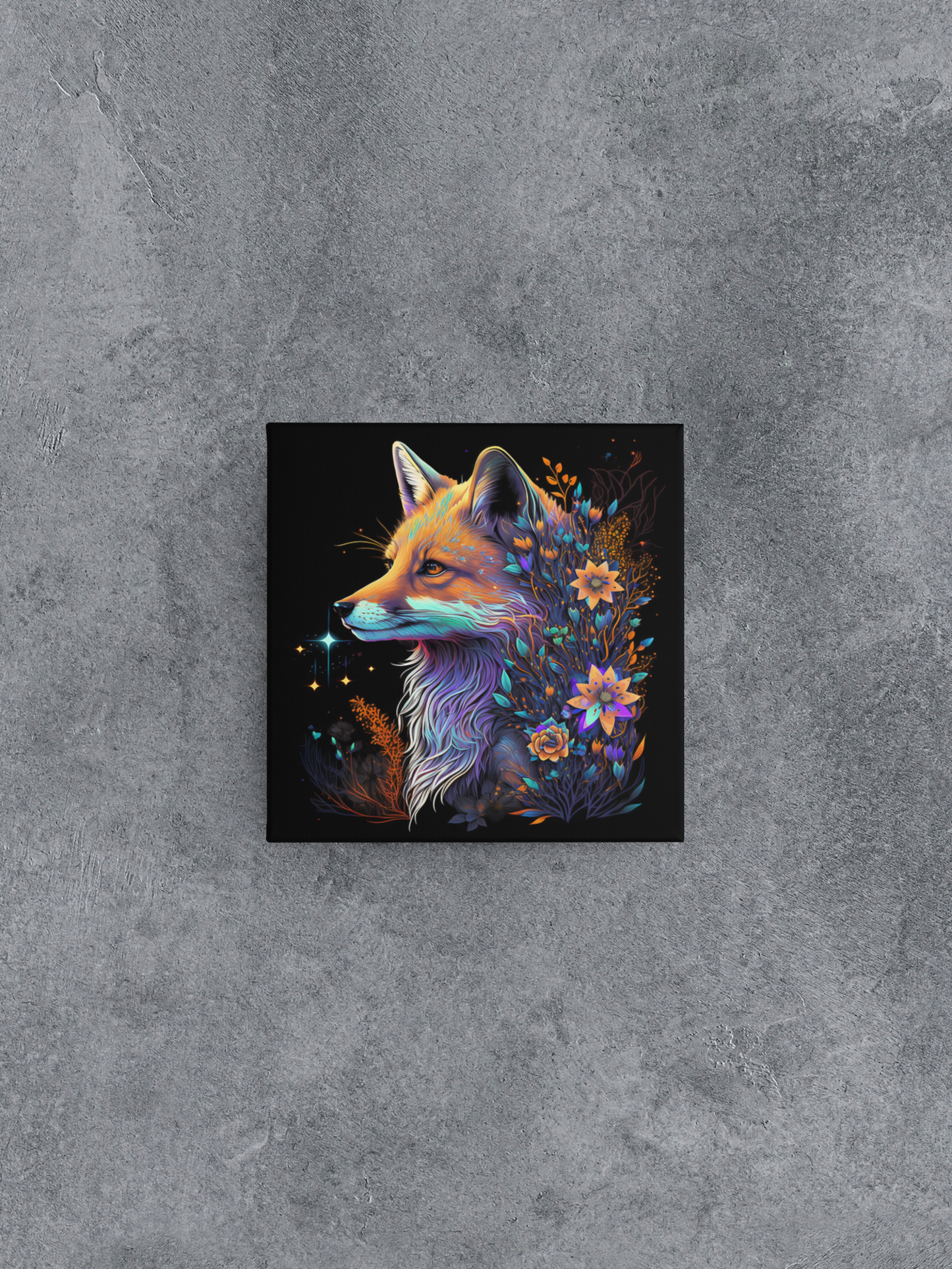 Black Light Fox with Flowers Canvas Wall Art, Neon Fox with Flowers Canvas Painting, Majestic Fox Painting, Colorful Flowered Fox Canvas