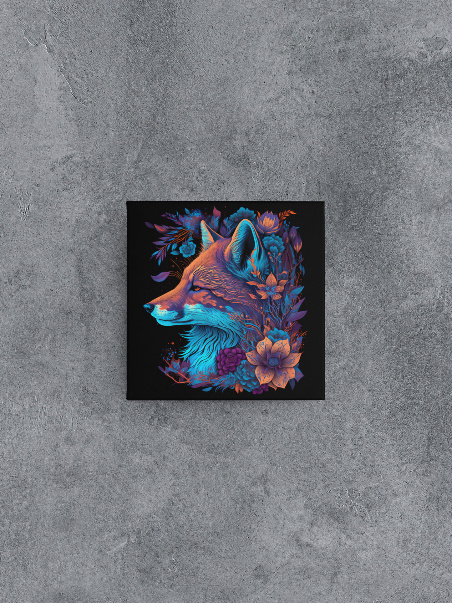Black Light Fox with Flowers Canvas Wall Art, Neon Fox with Flowers Canvas Painting, Majestic Fox Painting, Colorful Flowered Fox Canvas
