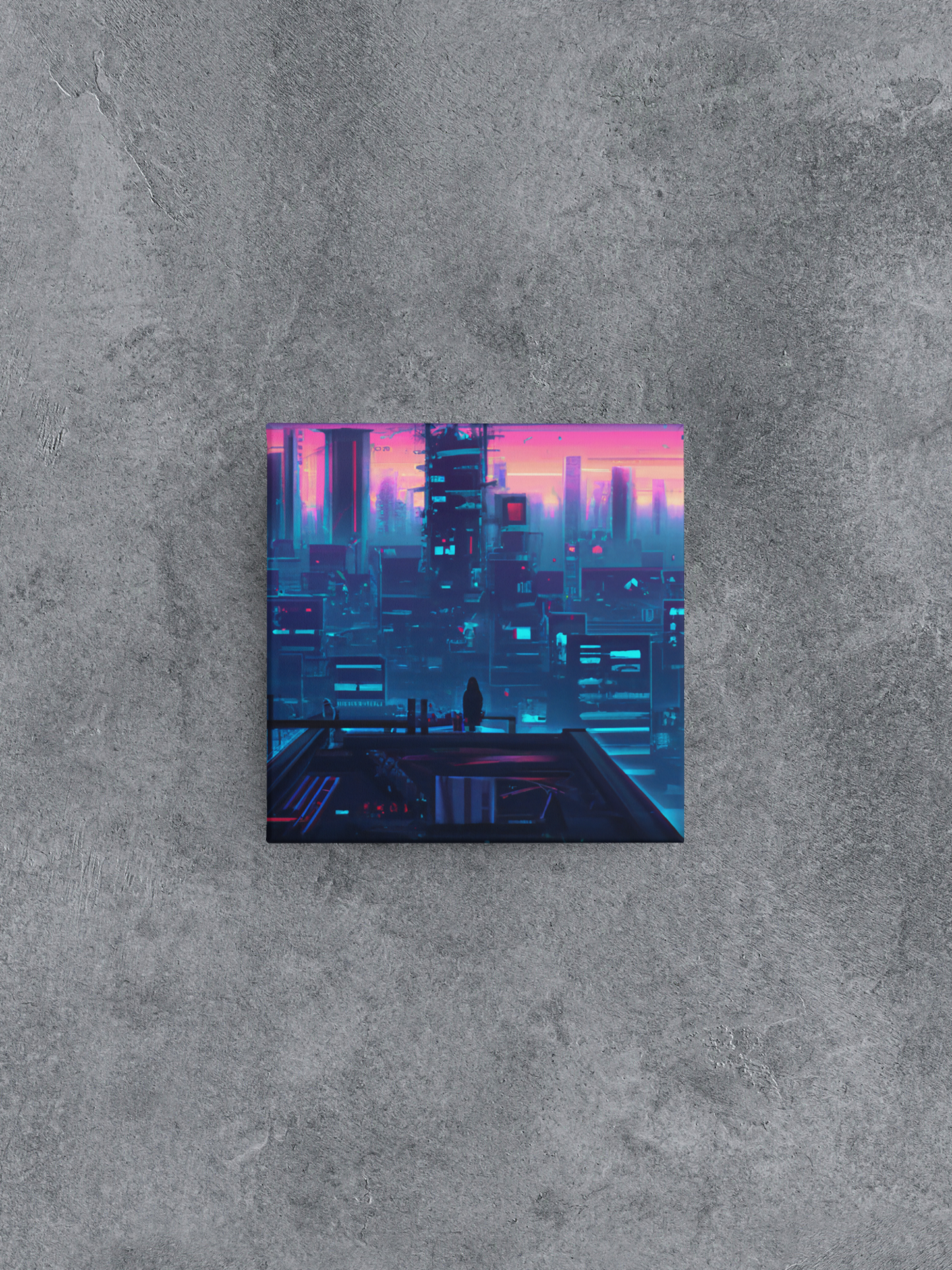 Cyberpunk City Rooftop View at Sunset Canvas Wall Art, Sci-Fi Stretched Canvas Print, Futuristic Dystopian Wall Decor, Cyberpunk Canvas