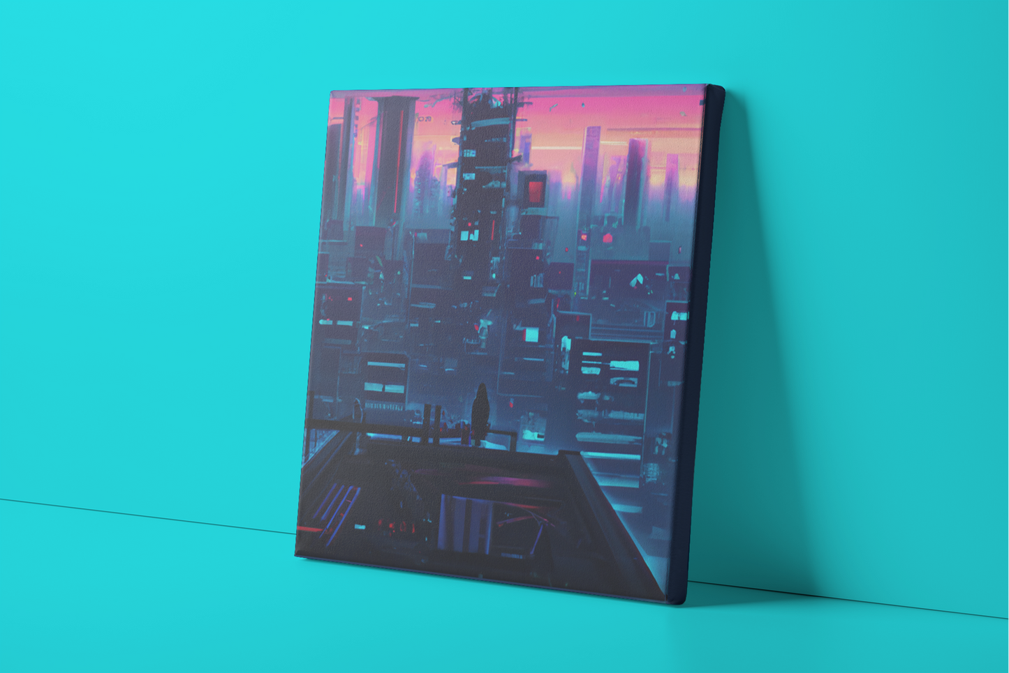 Cyberpunk City Rooftop View at Sunset Canvas Wall Art, Sci-Fi Stretched Canvas Print, Futuristic Dystopian Wall Decor, Cyberpunk Canvas