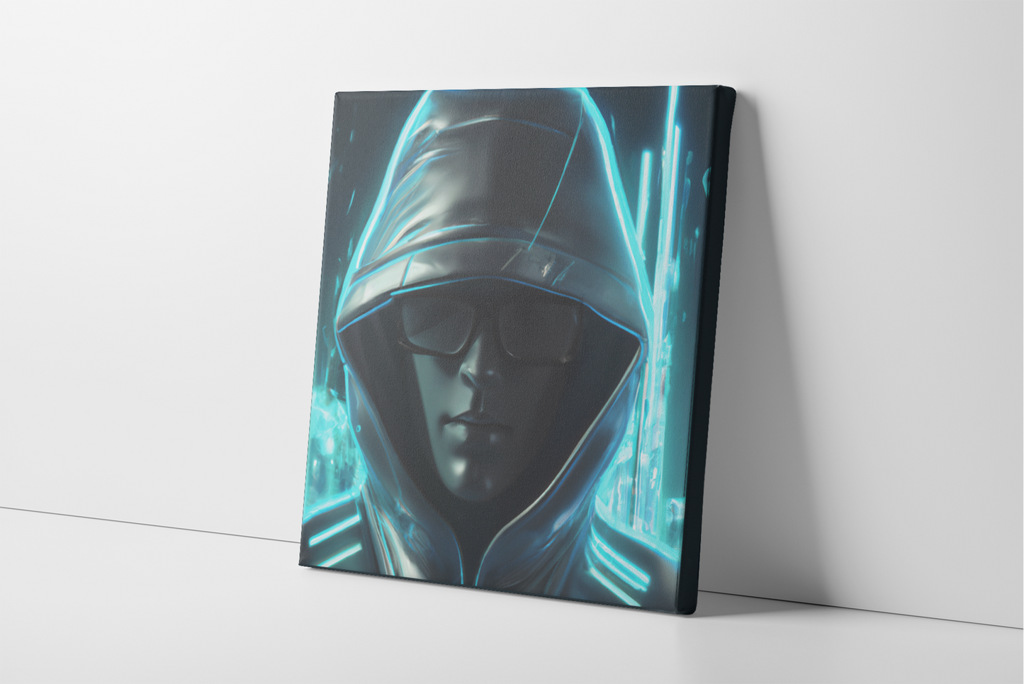 Neon Blue Cyberpunk Guy with Hood - Stretched Canvas Wall Art, Sci-Fi Canvas Print, Cyberpunk Canvas Art, Cyberpunk Man with Hood Canvas