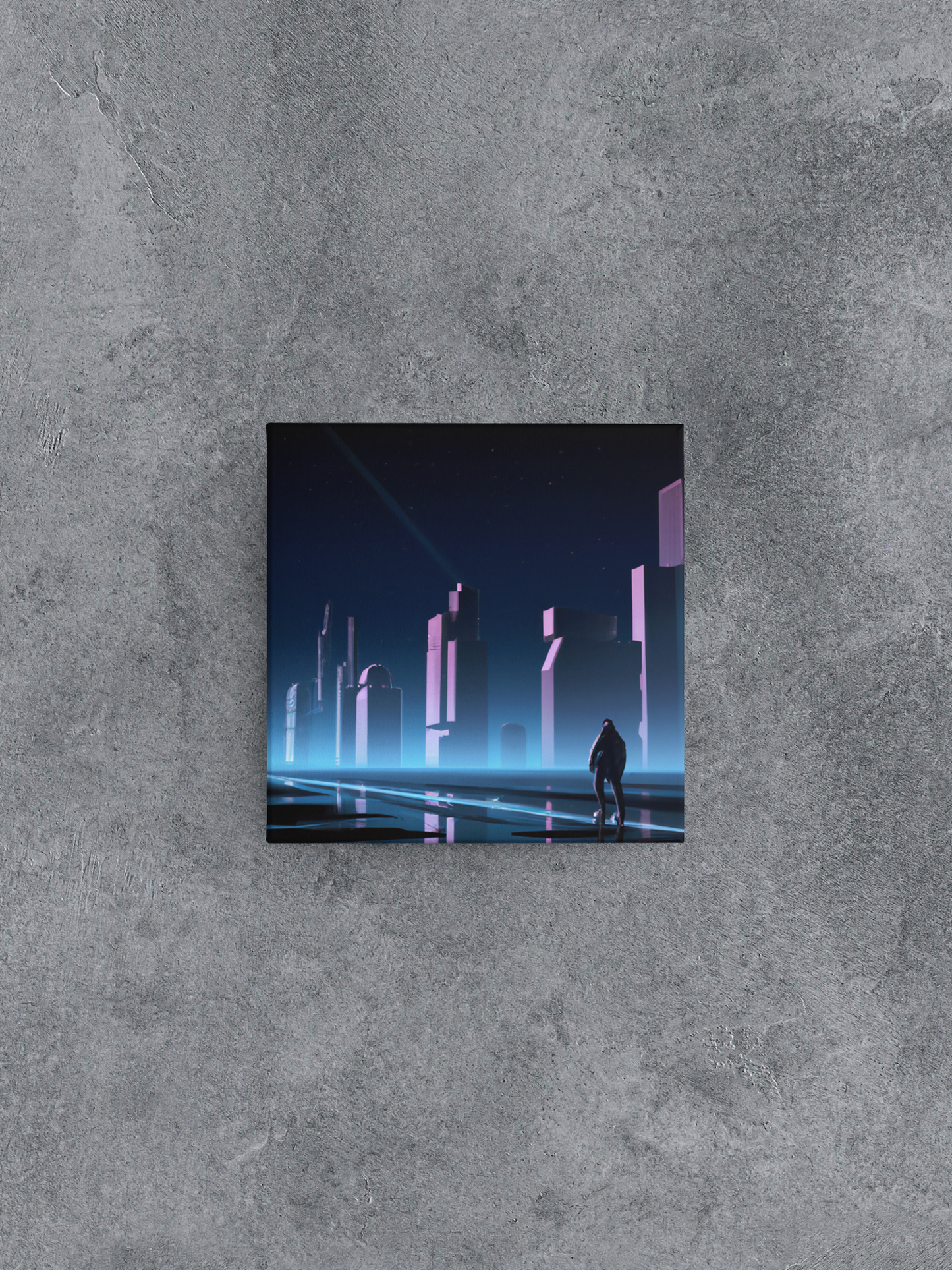Einsamer Mann und Stadt Skyline bei Nacht Leinwand Wandkunst, Sci-Fi-Leinwanddruck, futuristische dystopische Wanddekoration, Cyberpunk-Leinwandkunst